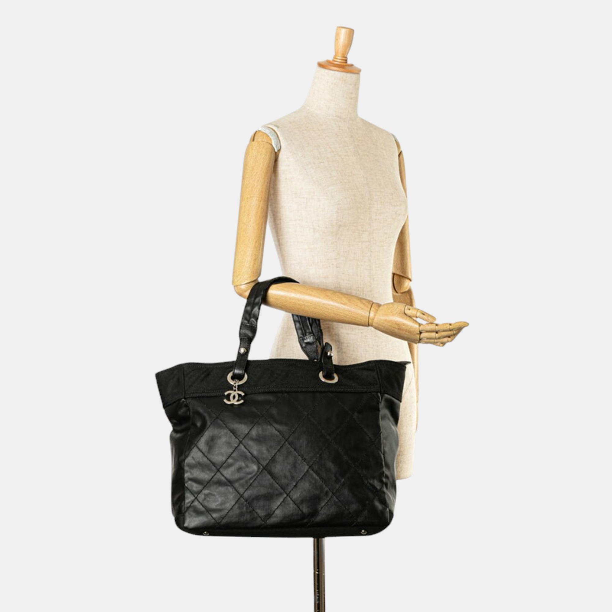 Chanel Black Leather Coco Mark Paris Biarritz MM  Tote Bag