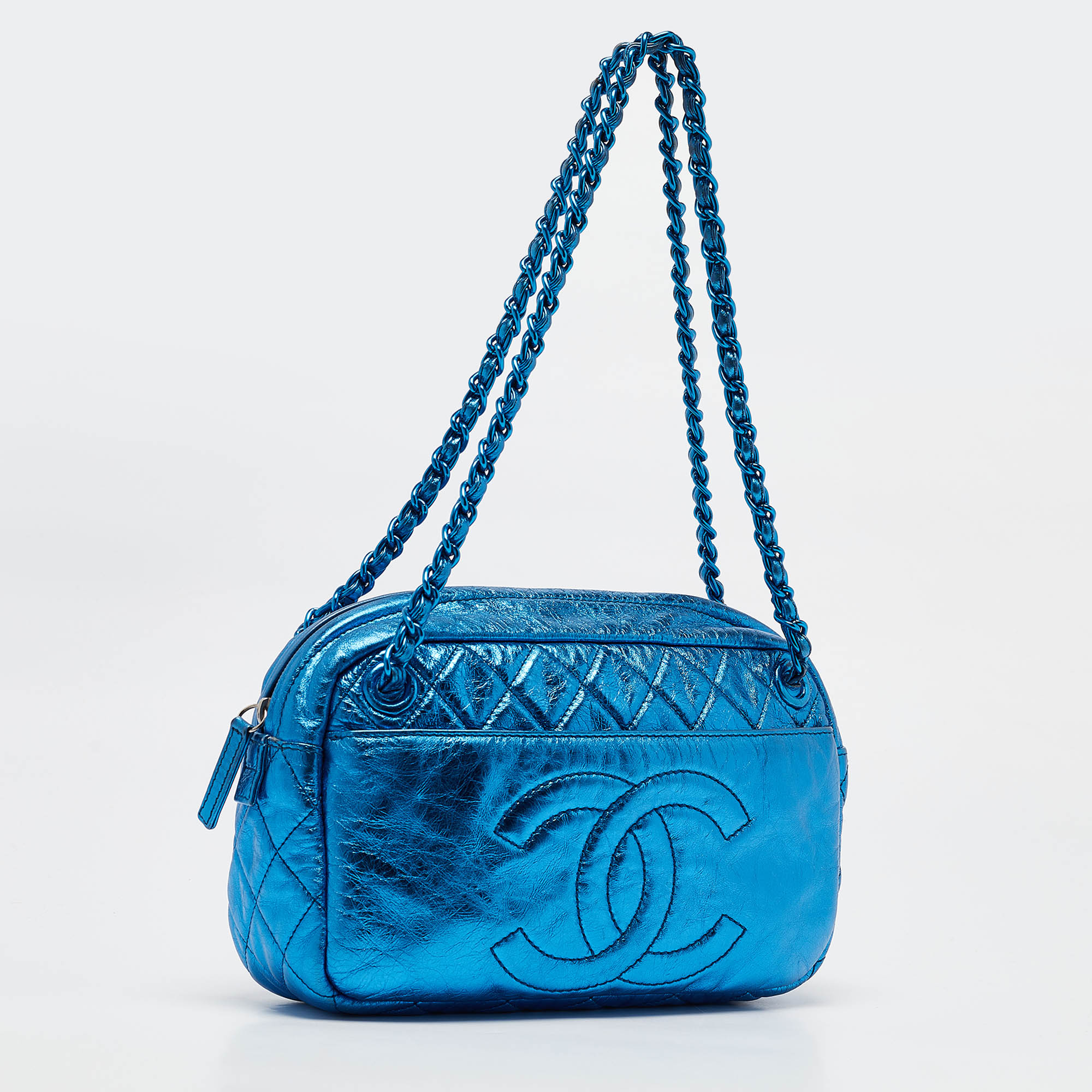 Chanel Blue Glazed Leather Modern Chain Camera Bag