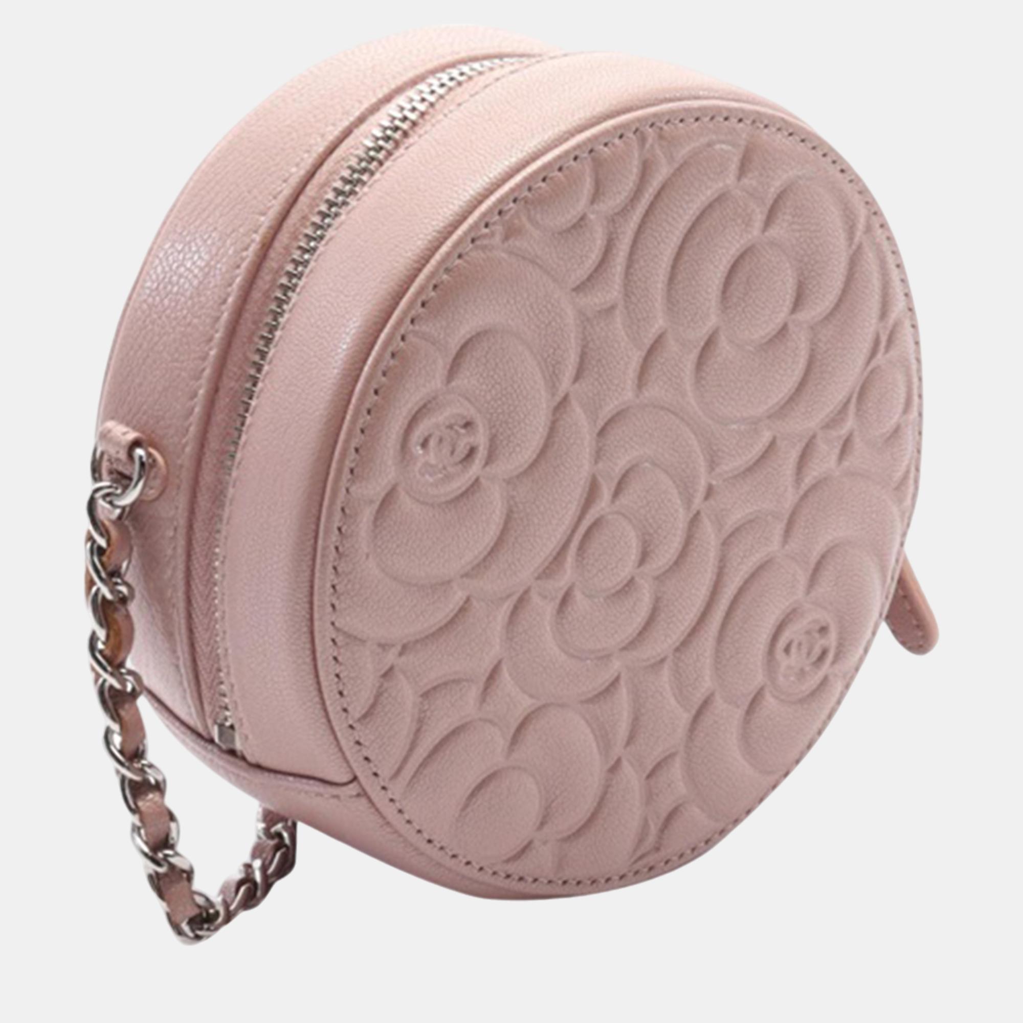 Chanel Pink Goatskin Camellia Round Clutch With Chain