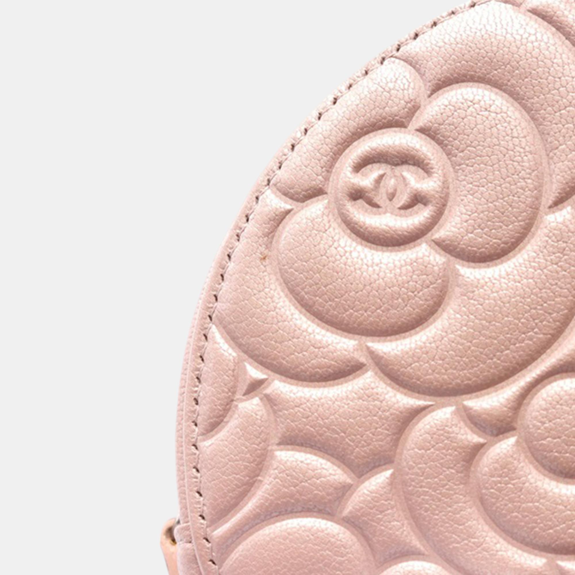 Chanel Pink Goatskin Camellia Round Clutch With Chain