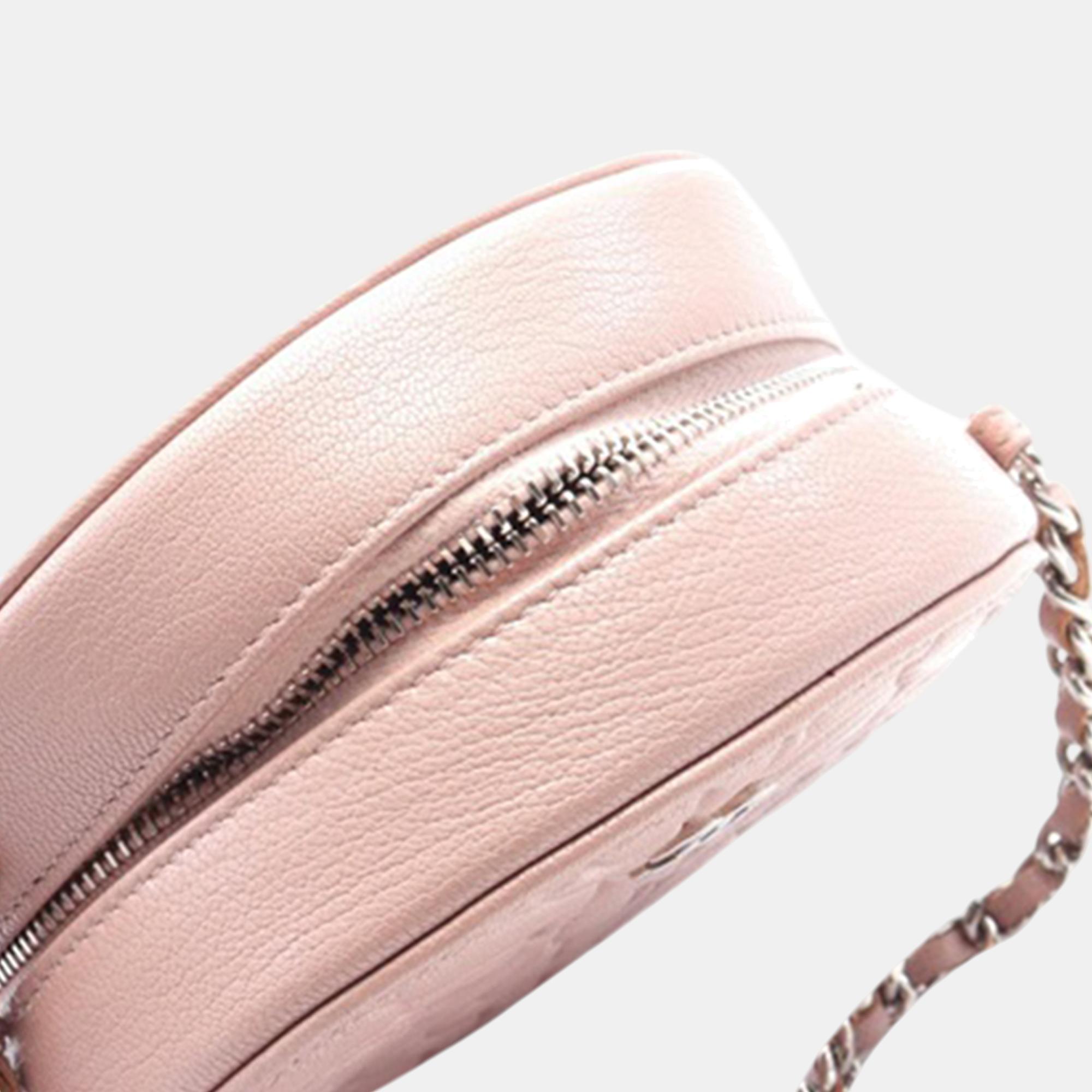 Chanel Pink Goatskin Camellia Round Clutch With Chain