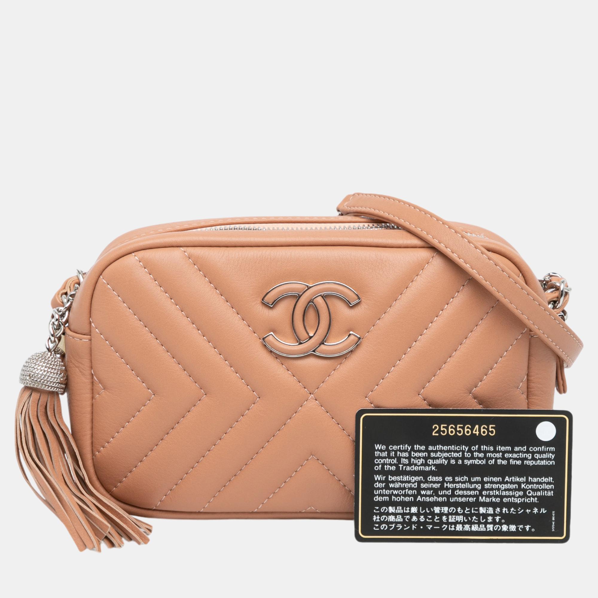 Chanel Brown Mini CC Diagonal Chevron Camera Case