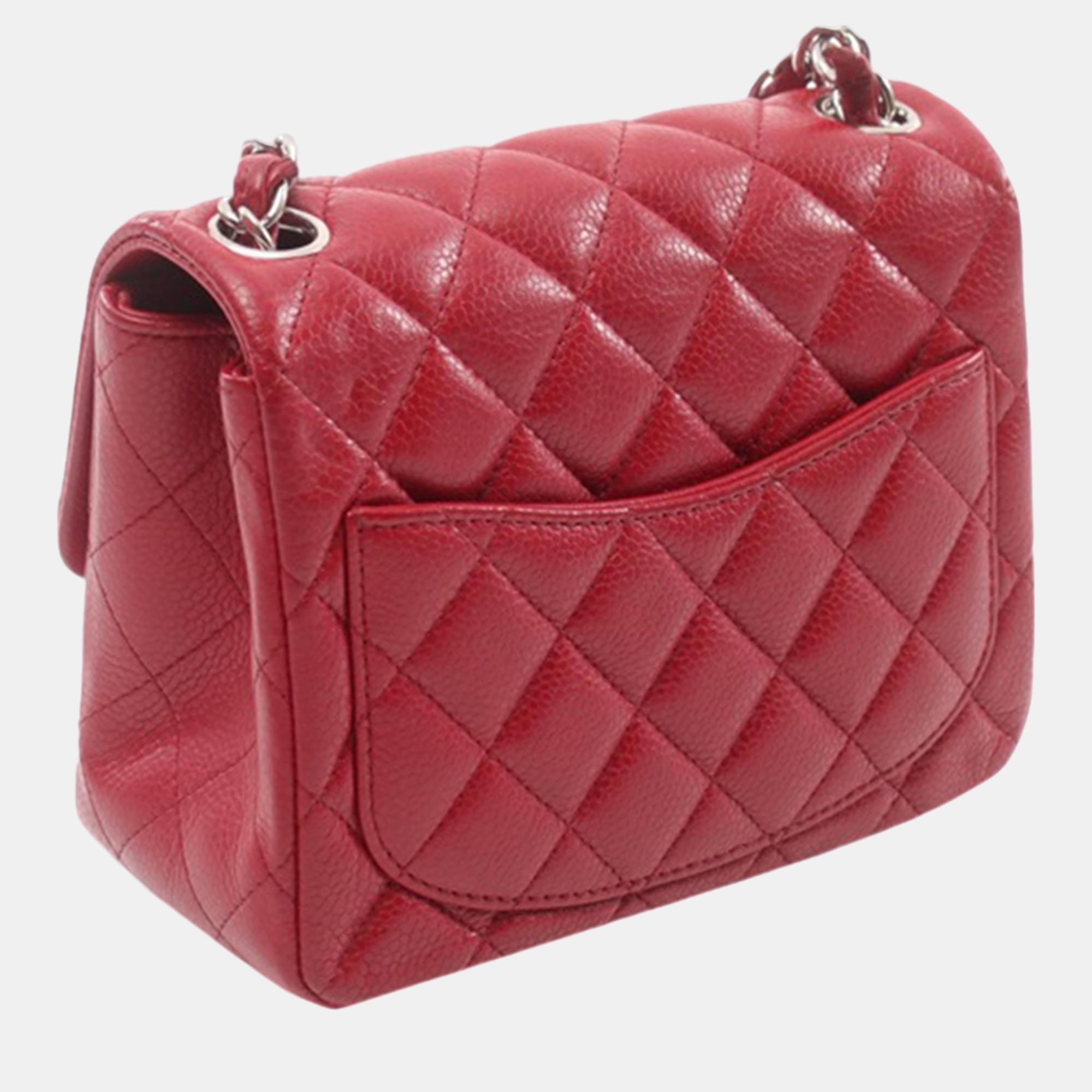 Chanel Red Mini Square Classic Caviar Single Flap