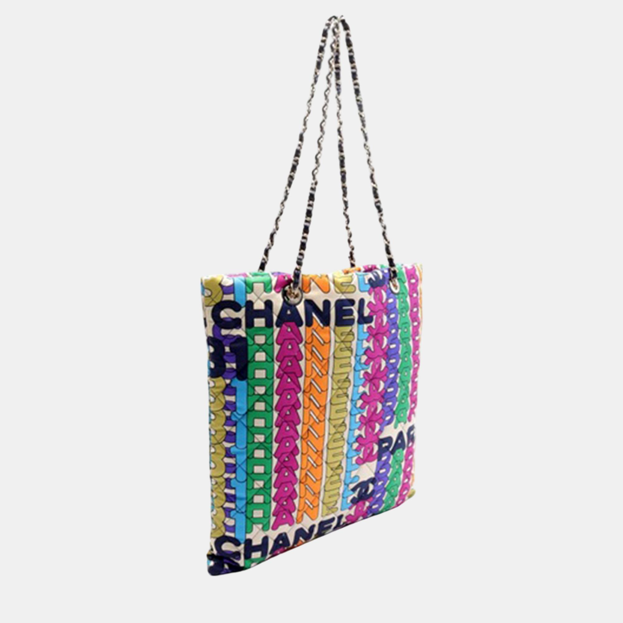 Chanel Multicolour Quilted Printed Nylon Logo Shopping Tote