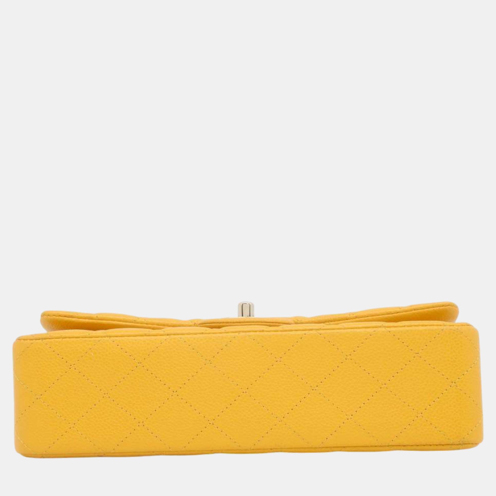 Chanel Yellow Caviar Leather Matelasse W Flap W Chain Shoulder Bag Size 25