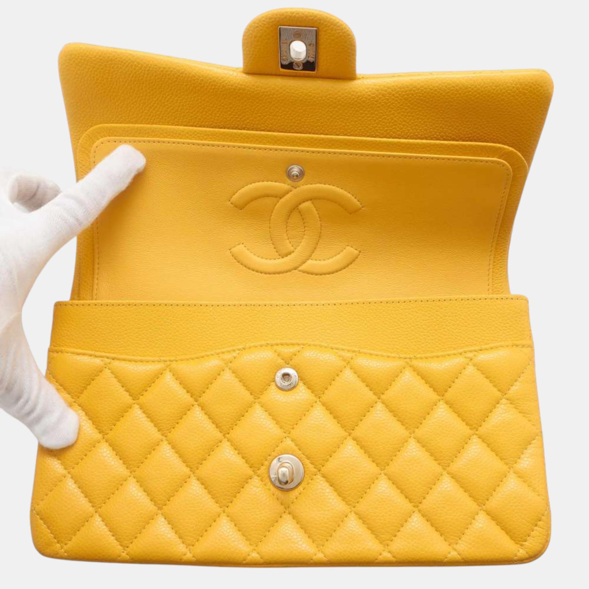 Chanel Yellow Caviar Leather Matelasse W Flap W Chain Shoulder Bag Size 25