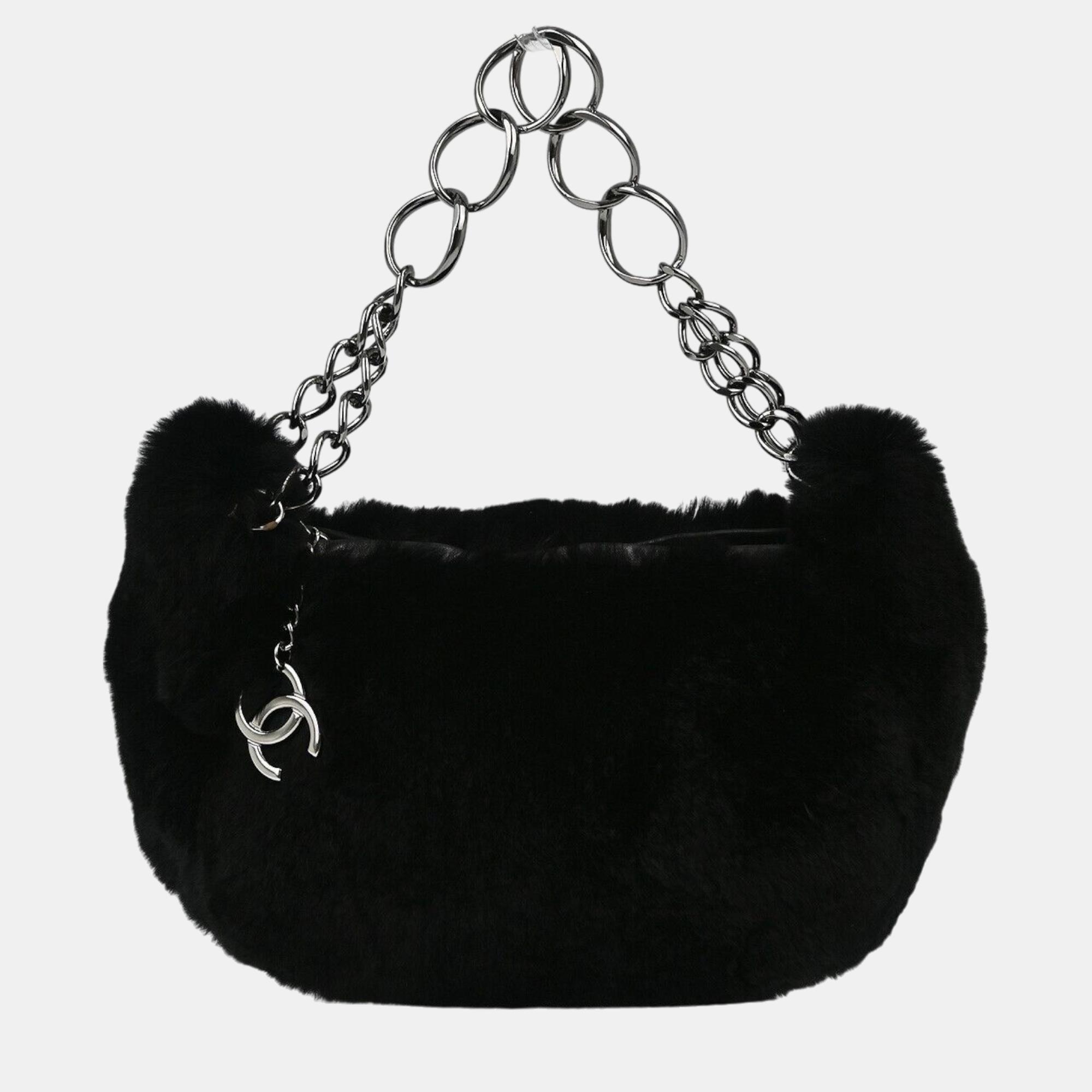 Chanel Black Fur Chain Handbag