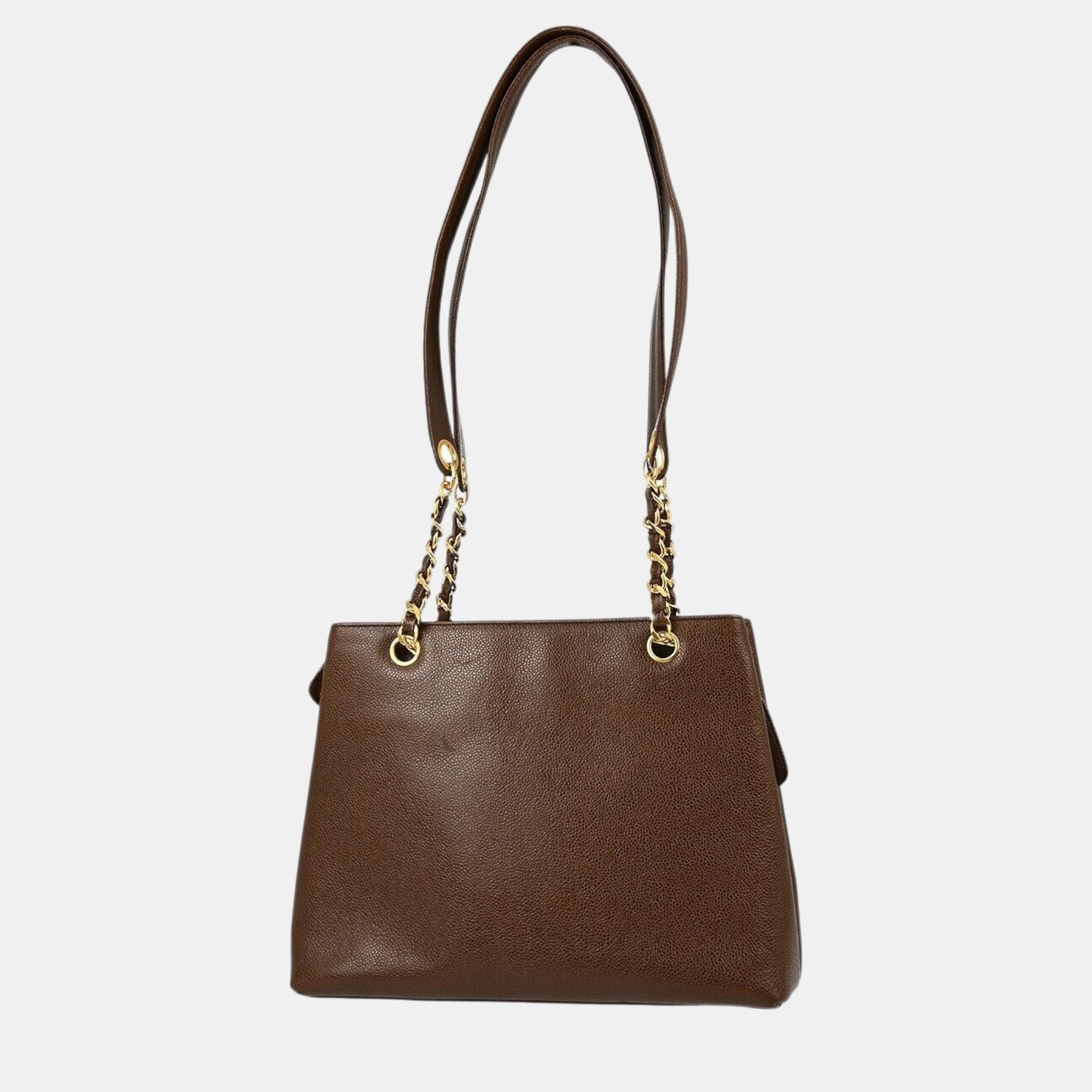 Chanel Brown Calfskin Chain Shoulder Tote Bag