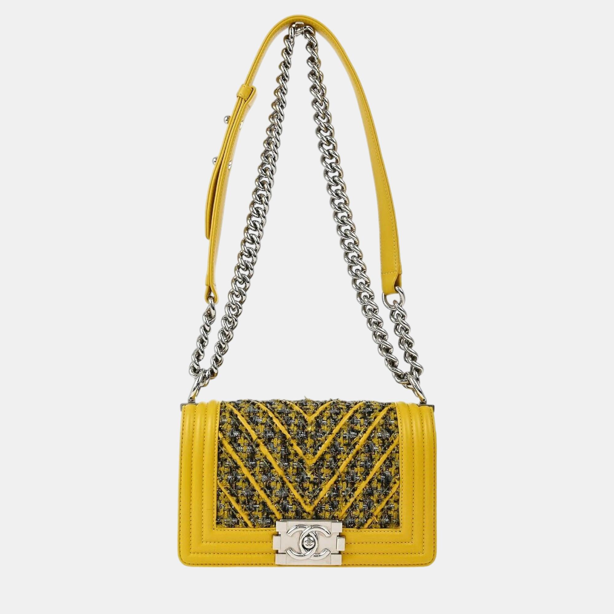 Chanel Yellow Tweed V Stitch Boy Small Double Chain Shoulder Bag