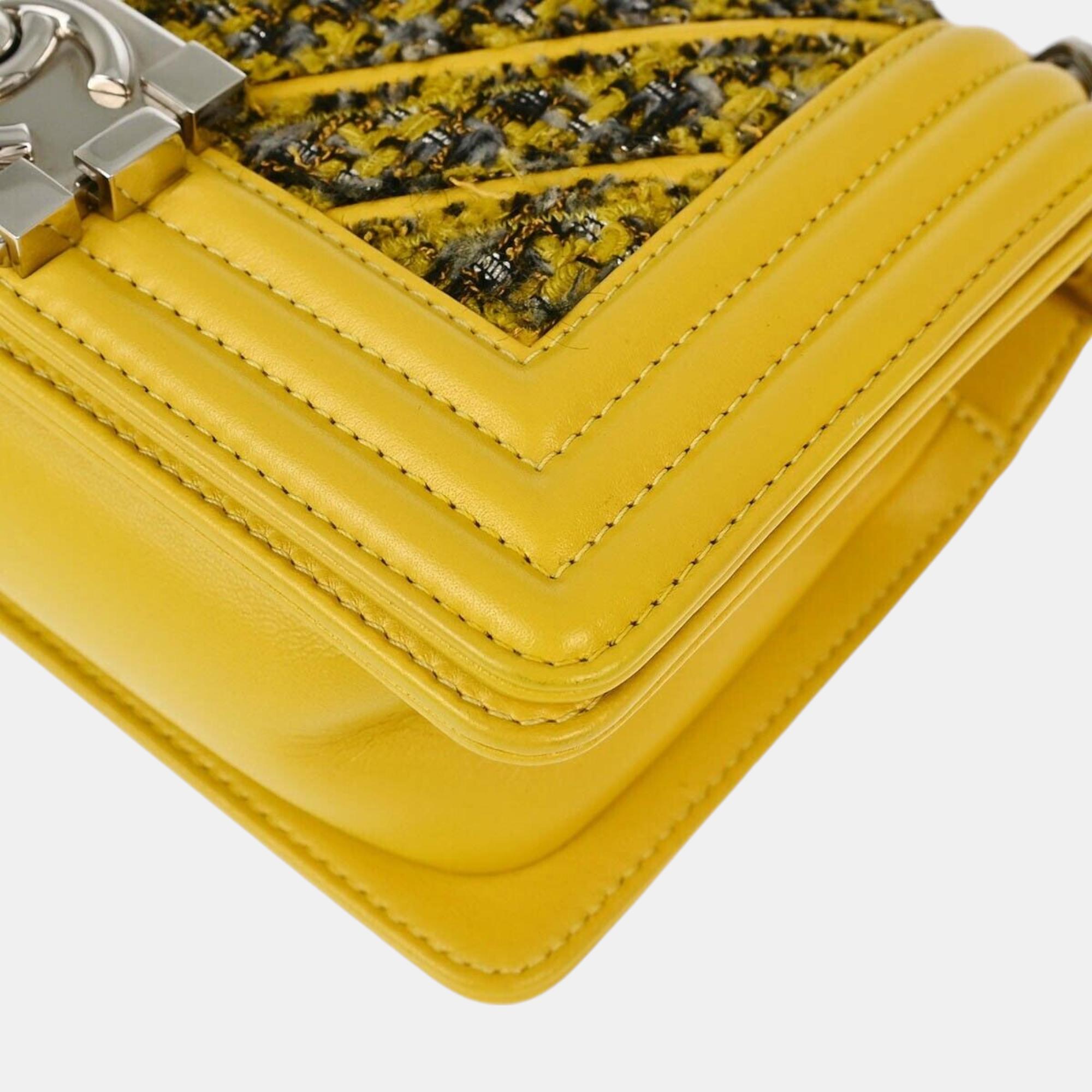 Chanel Yellow Tweed V Stitch Boy Small Double Chain Shoulder Bag