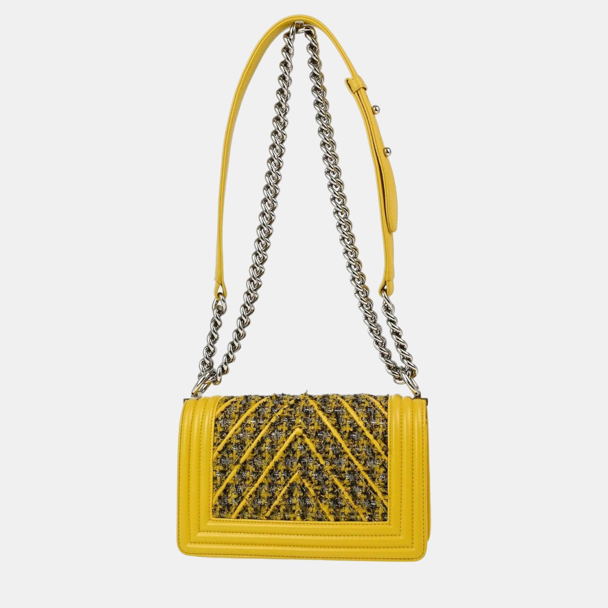 Chanel Yellow Tweed V Stitch Boy Small Double Chain Shoulder Bag