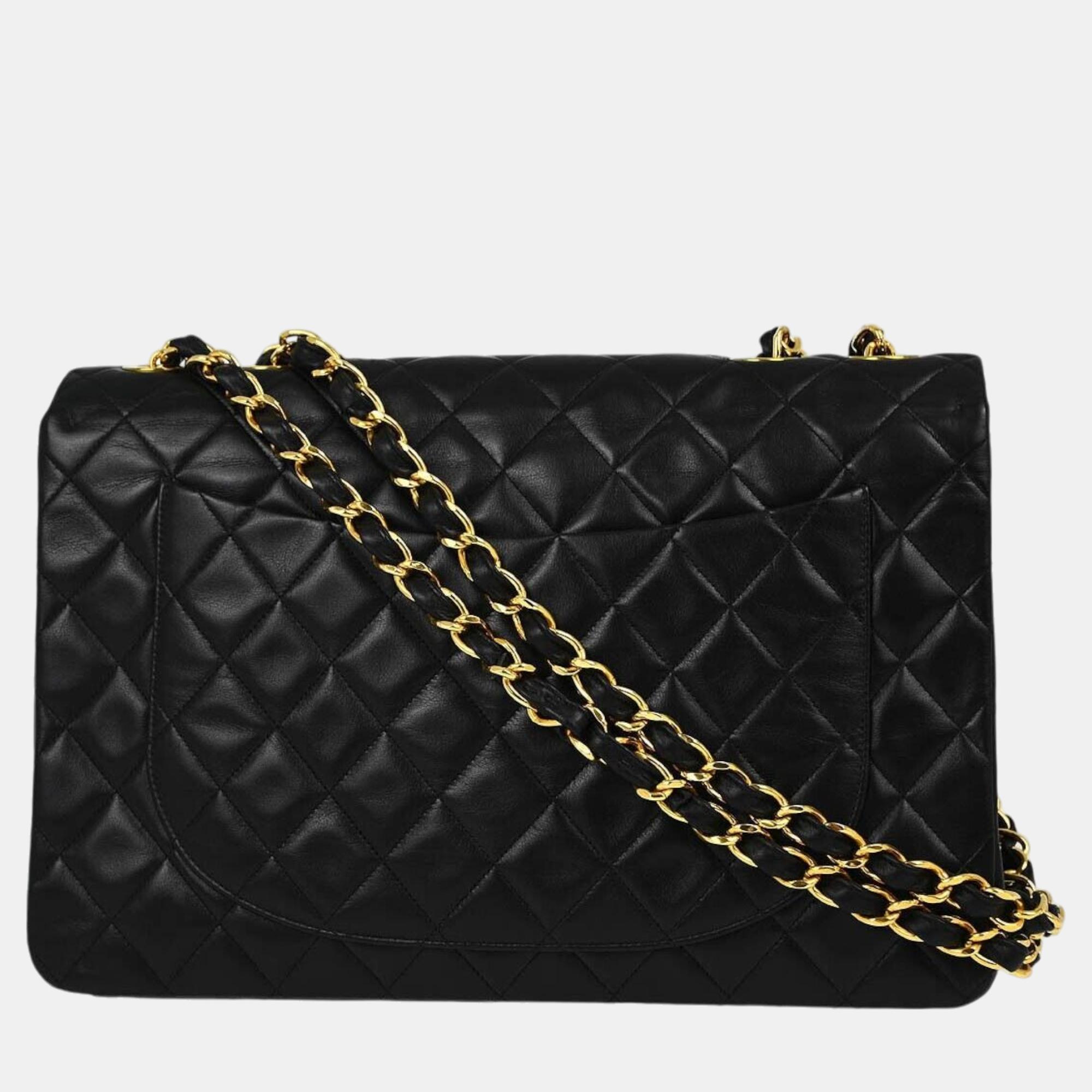 Chanel Black Lambskin Maxi Stainless Steel Flap Shoulder Bag