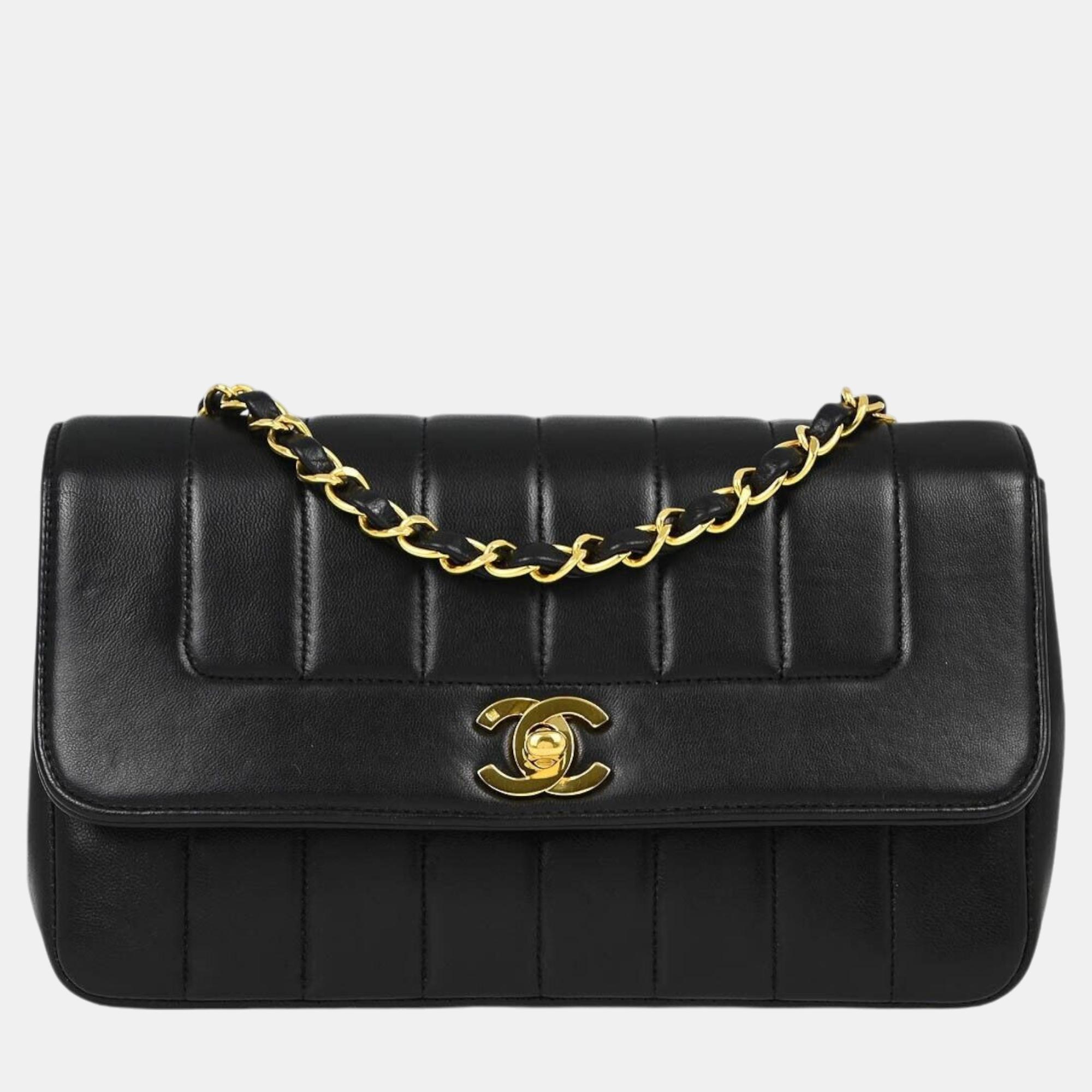 Chanel Black Lambskin Mademoiselle Straight Flap Shoulder Bag