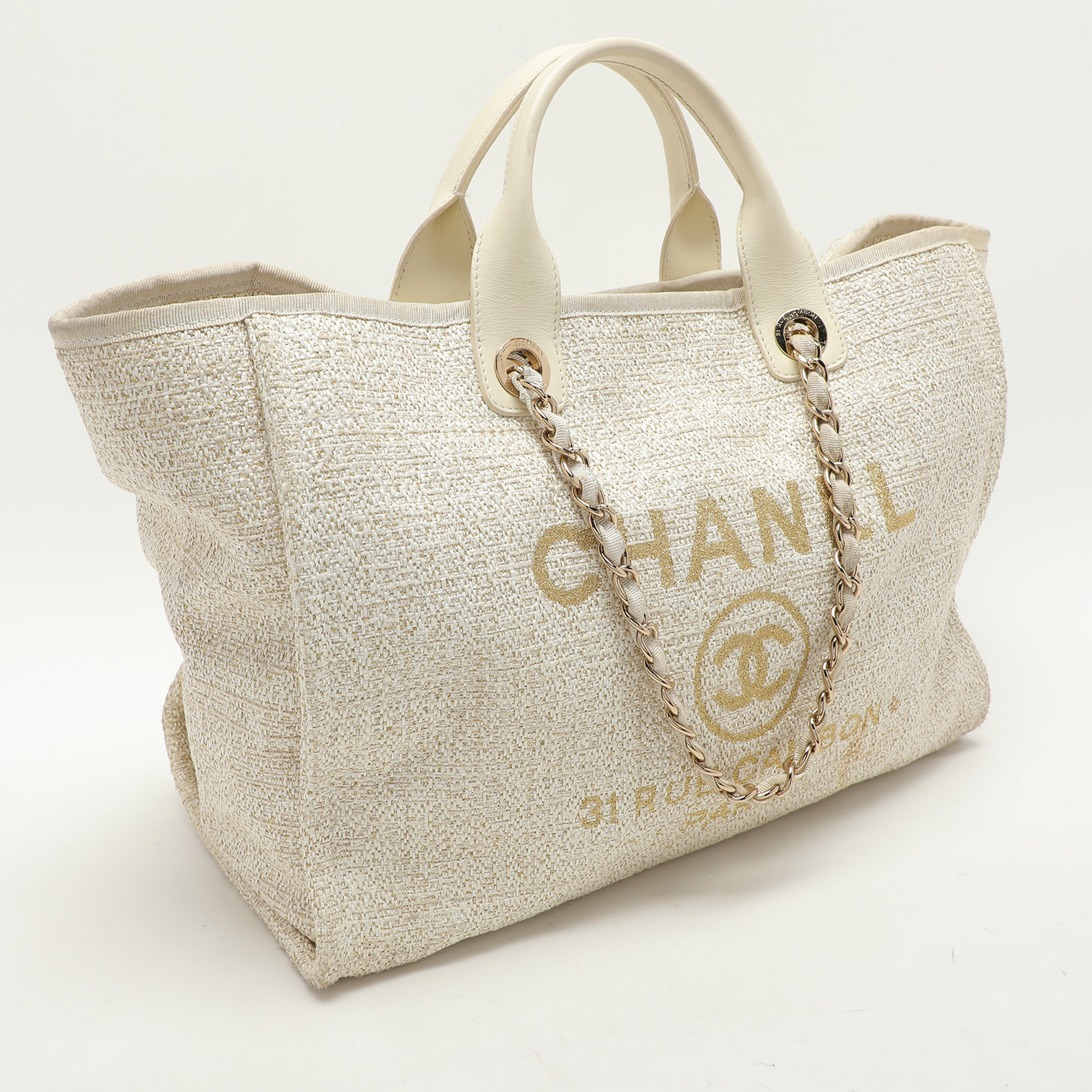 Chanel Cream Tweed And Leather Deauville Tote