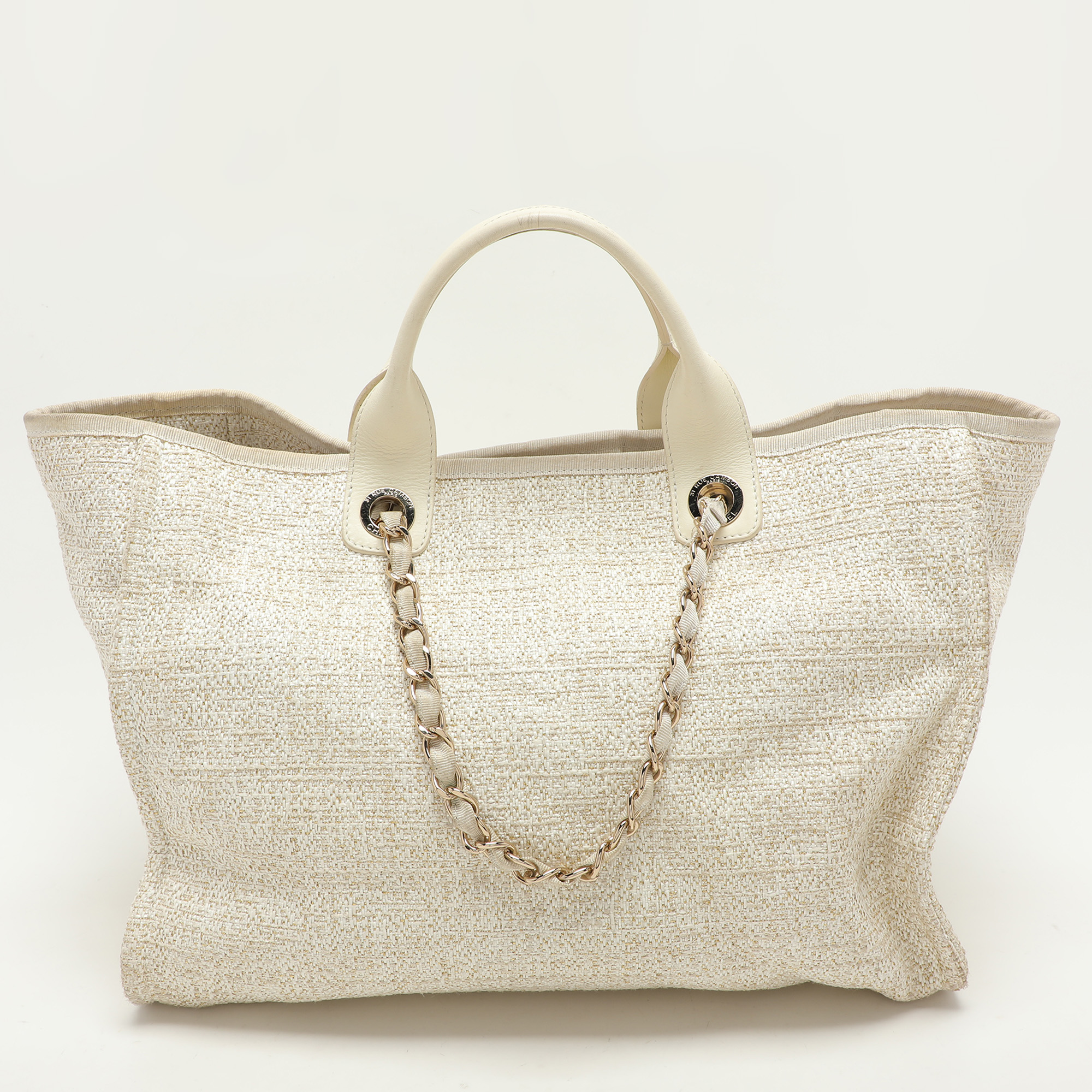 Chanel Cream Tweed And Leather Deauville Tote