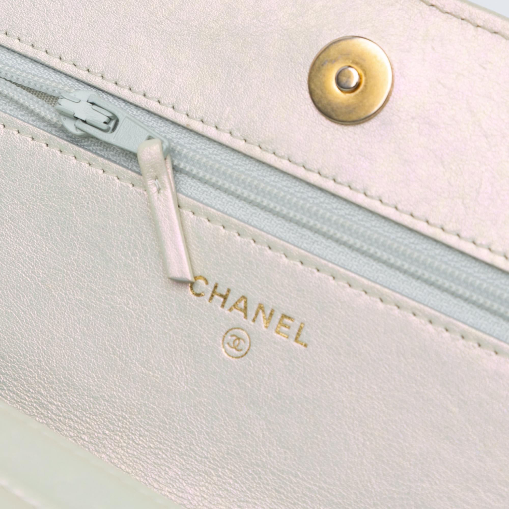 Chanel Silver Quilted Iridescent Lambskin 19 Wallet On Chain