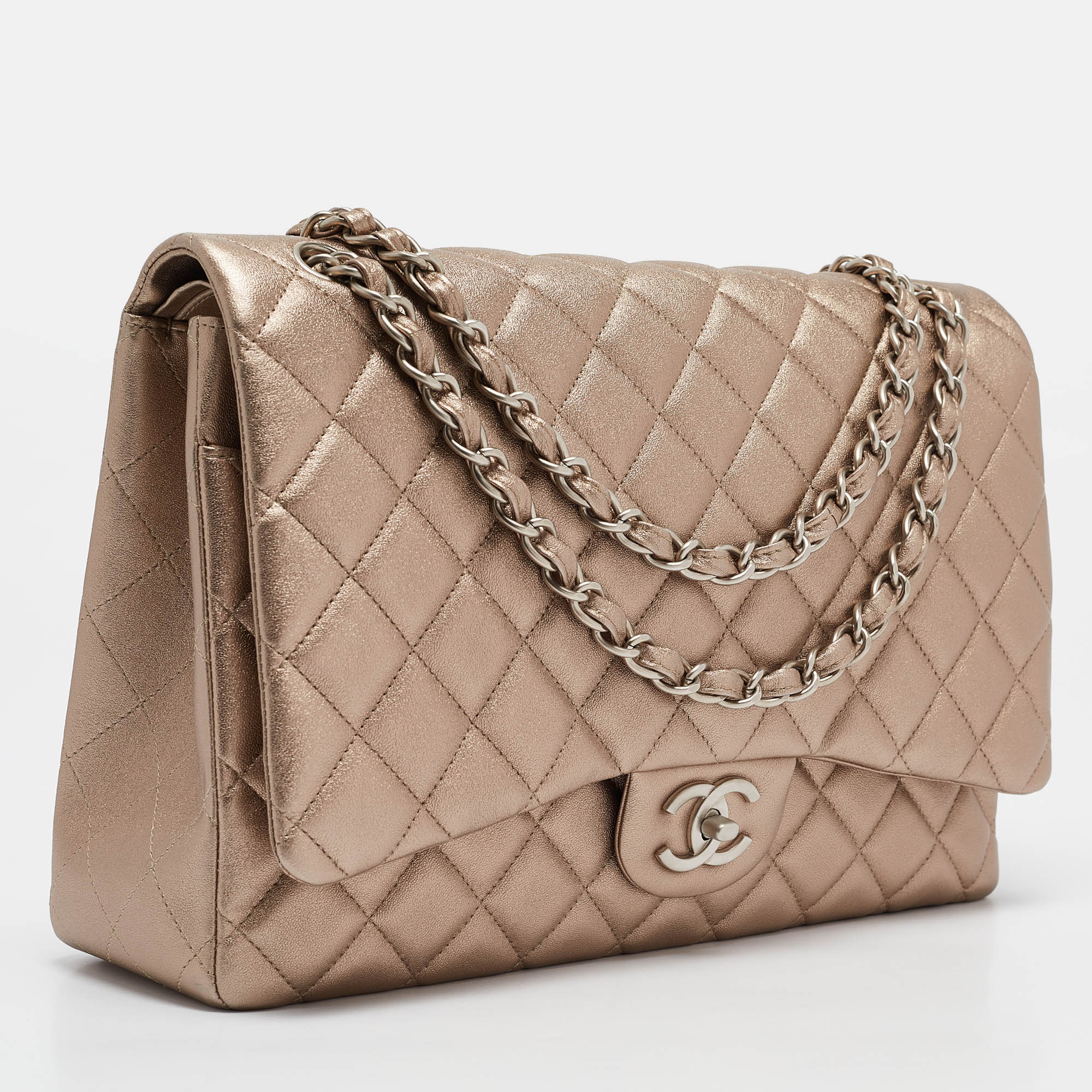 Chanel Metallic Beige Quilted Leather Maxi Classic Double Flap Bag