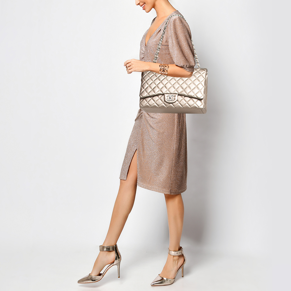 Chanel Metallic Beige Quilted Leather Maxi Classic Double Flap Bag