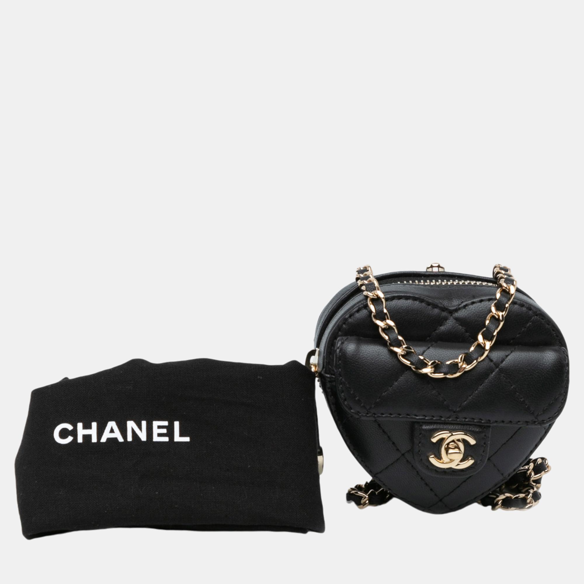 Chanel Black Lambskin CC In Love Heart Necklace Bag