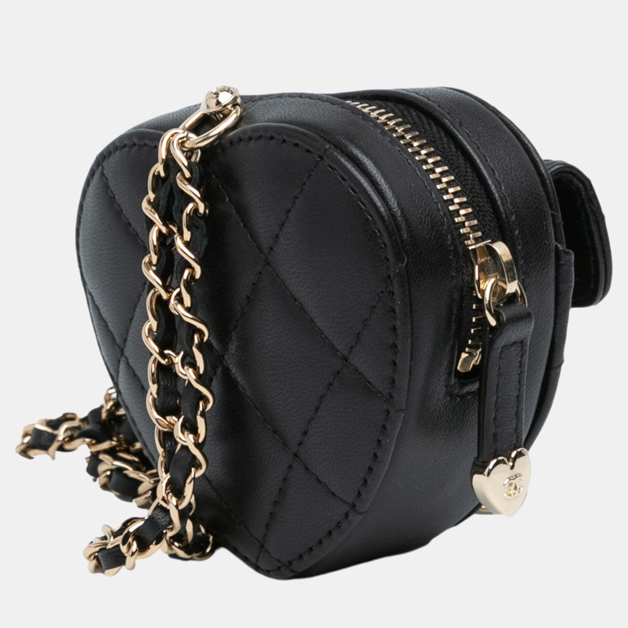 Chanel Black Lambskin CC In Love Heart Necklace Bag