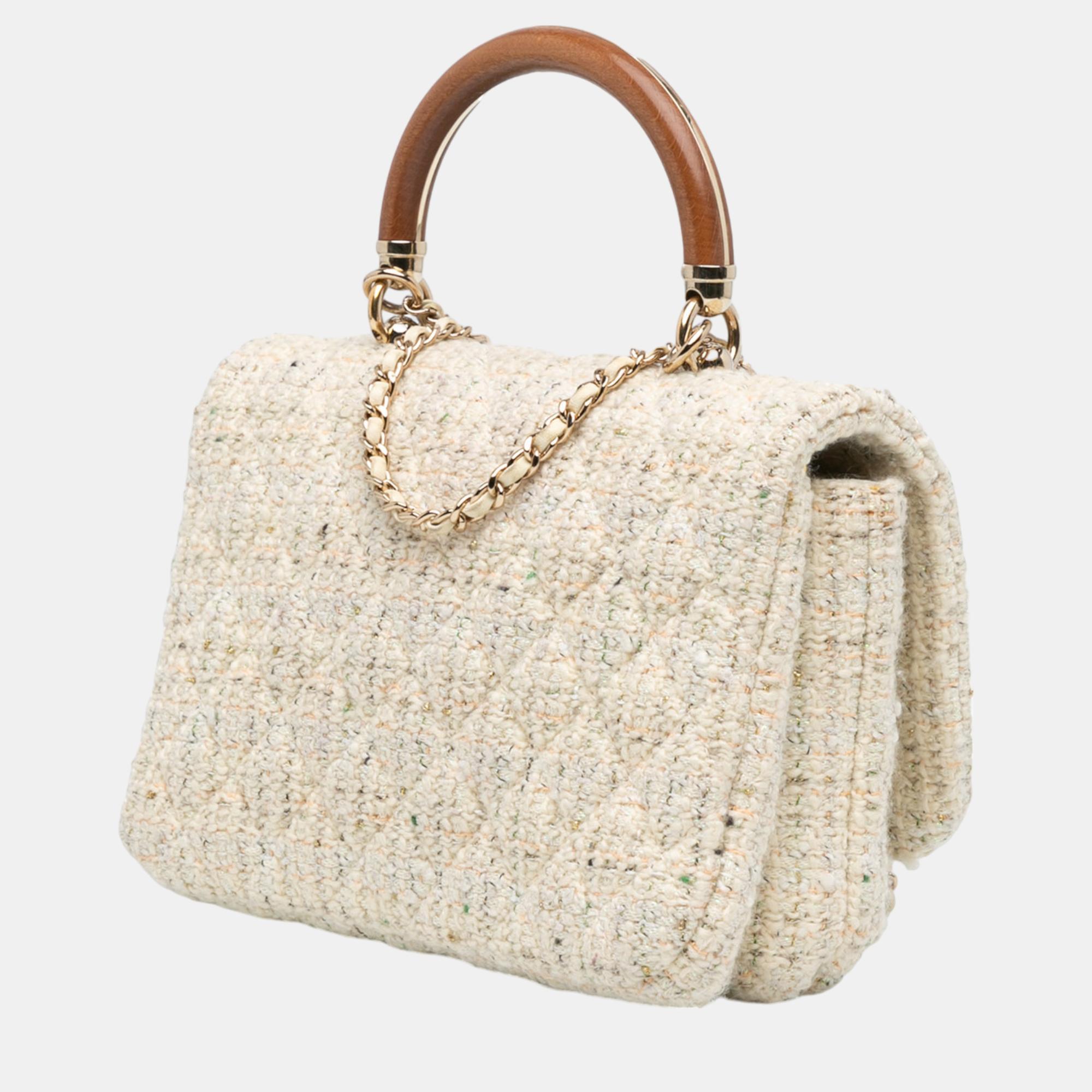 Chanel White Tweed Knock On Wood Satchel