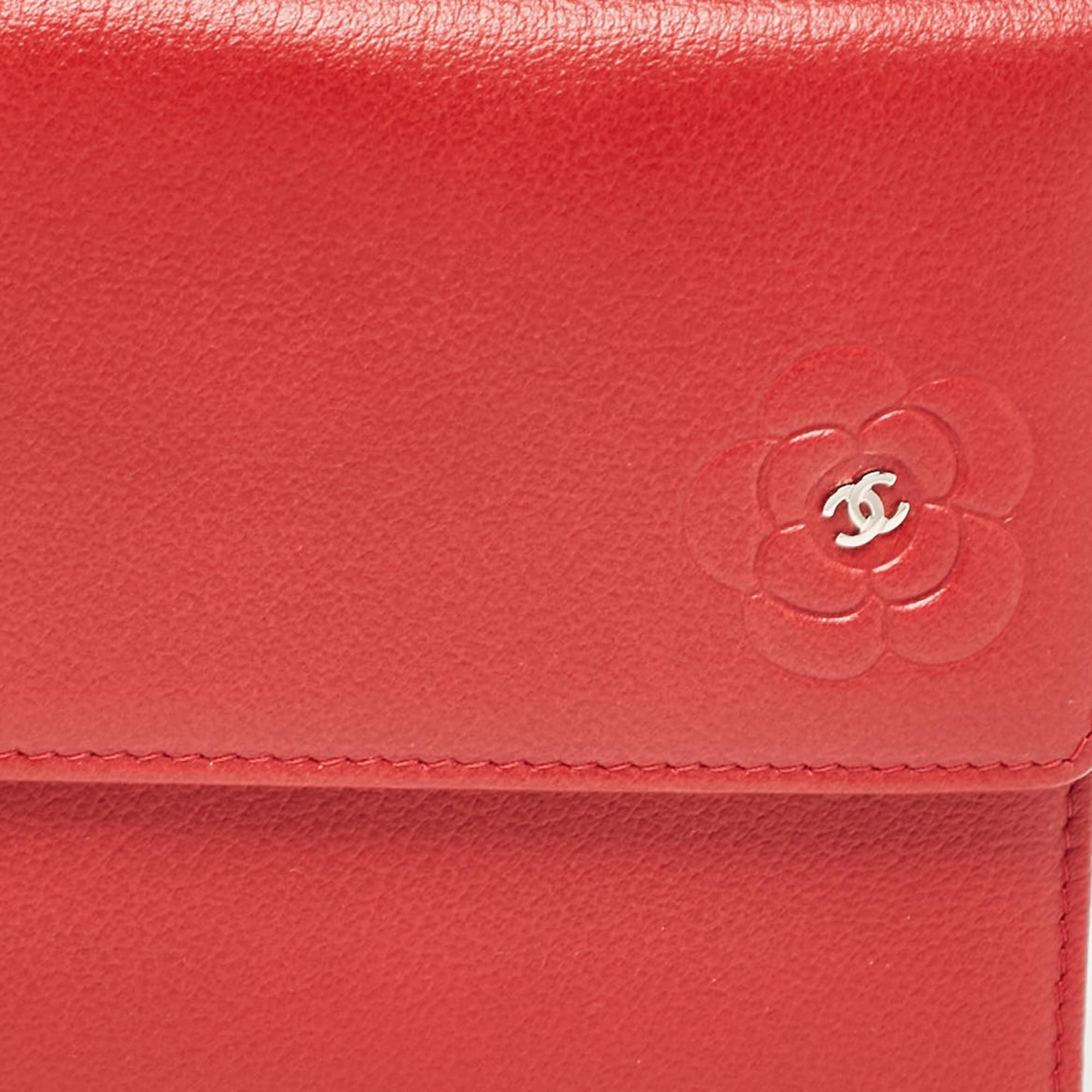 Chanel Red Camellia Embossed Leather Trifold Wallet