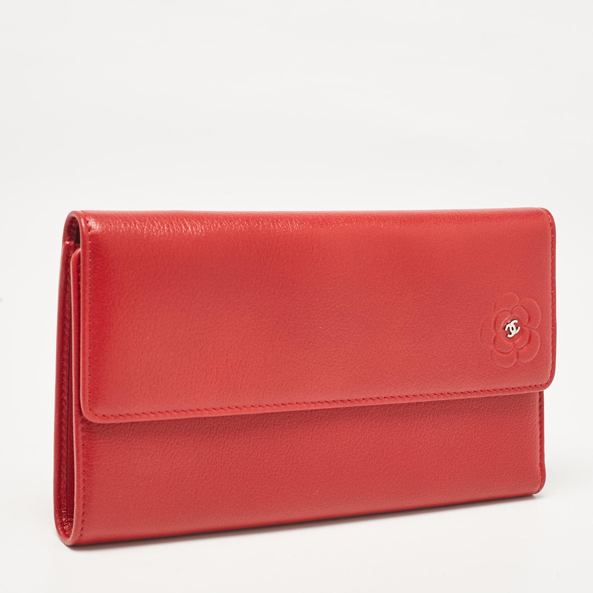 Chanel Red Camellia Embossed Leather Trifold Wallet