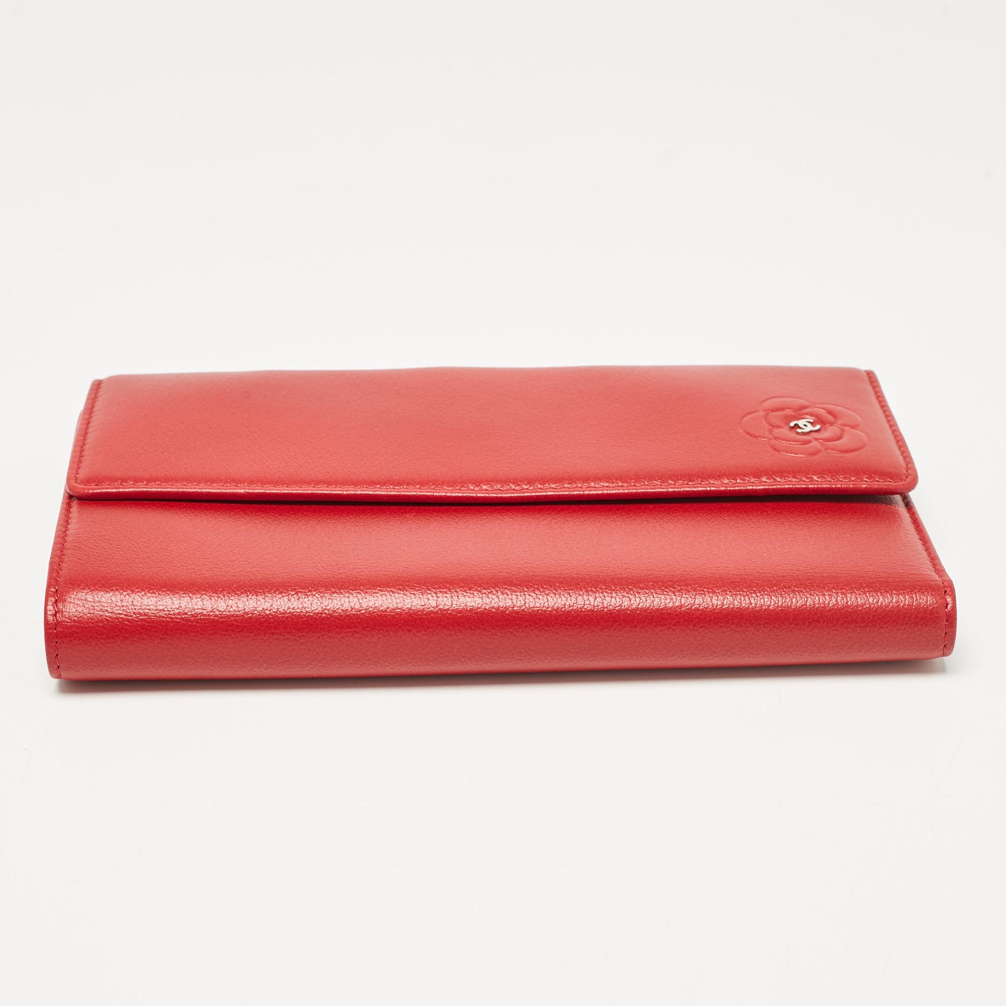 Chanel Red Camellia Embossed Leather Trifold Wallet