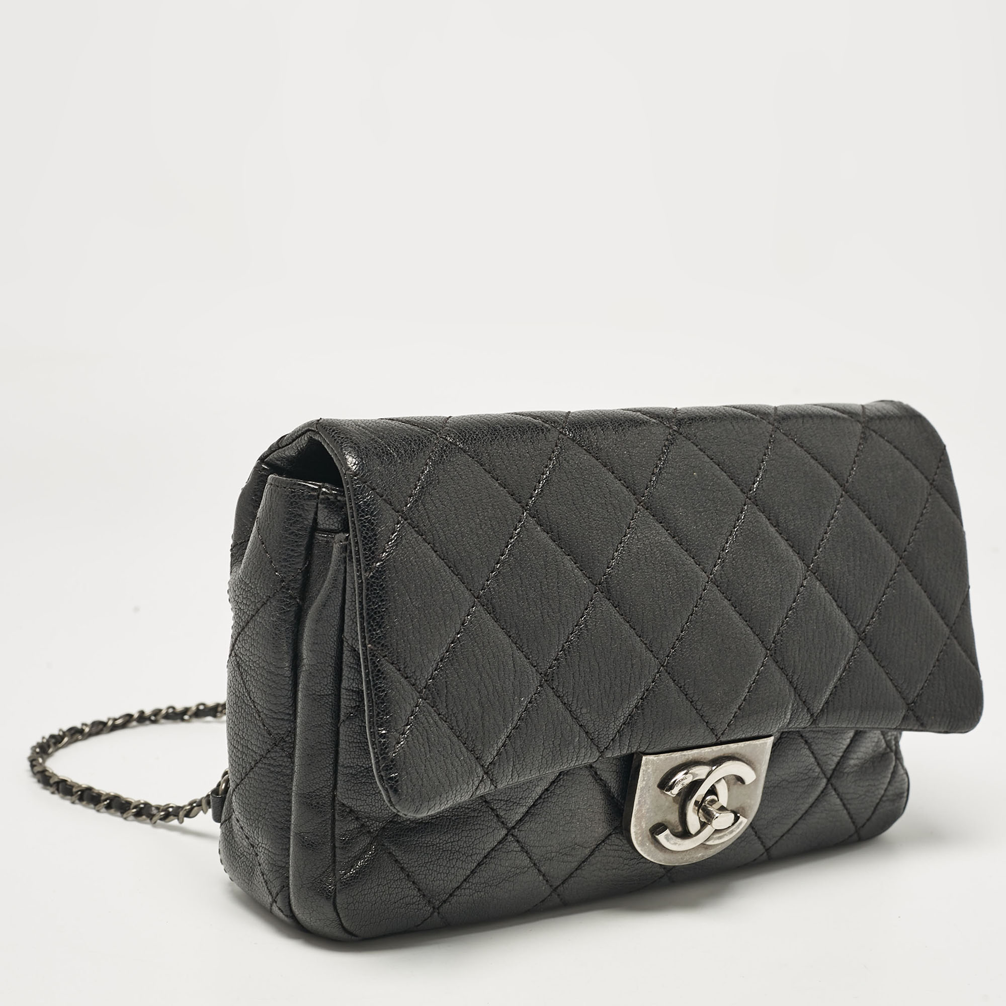 Chanel Black Quilted Goatskin Leather Medium Double Carry Waist Flap Bag