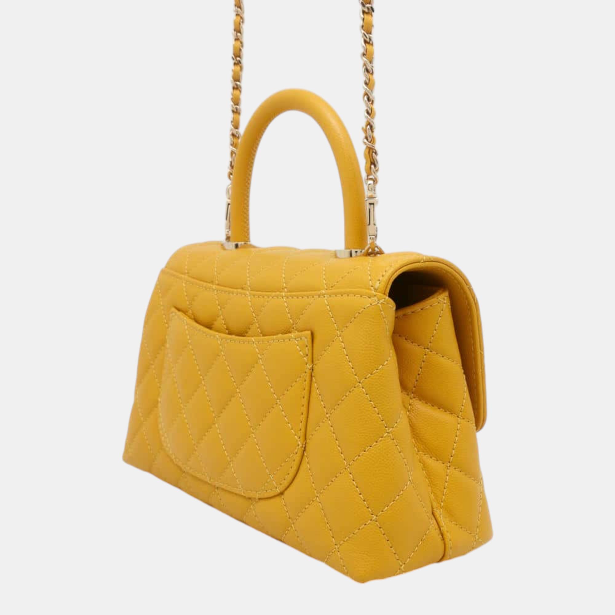 Chanel Matelasse Coco Handle Chain Shoulder Yellow Caviar Leather Size XS