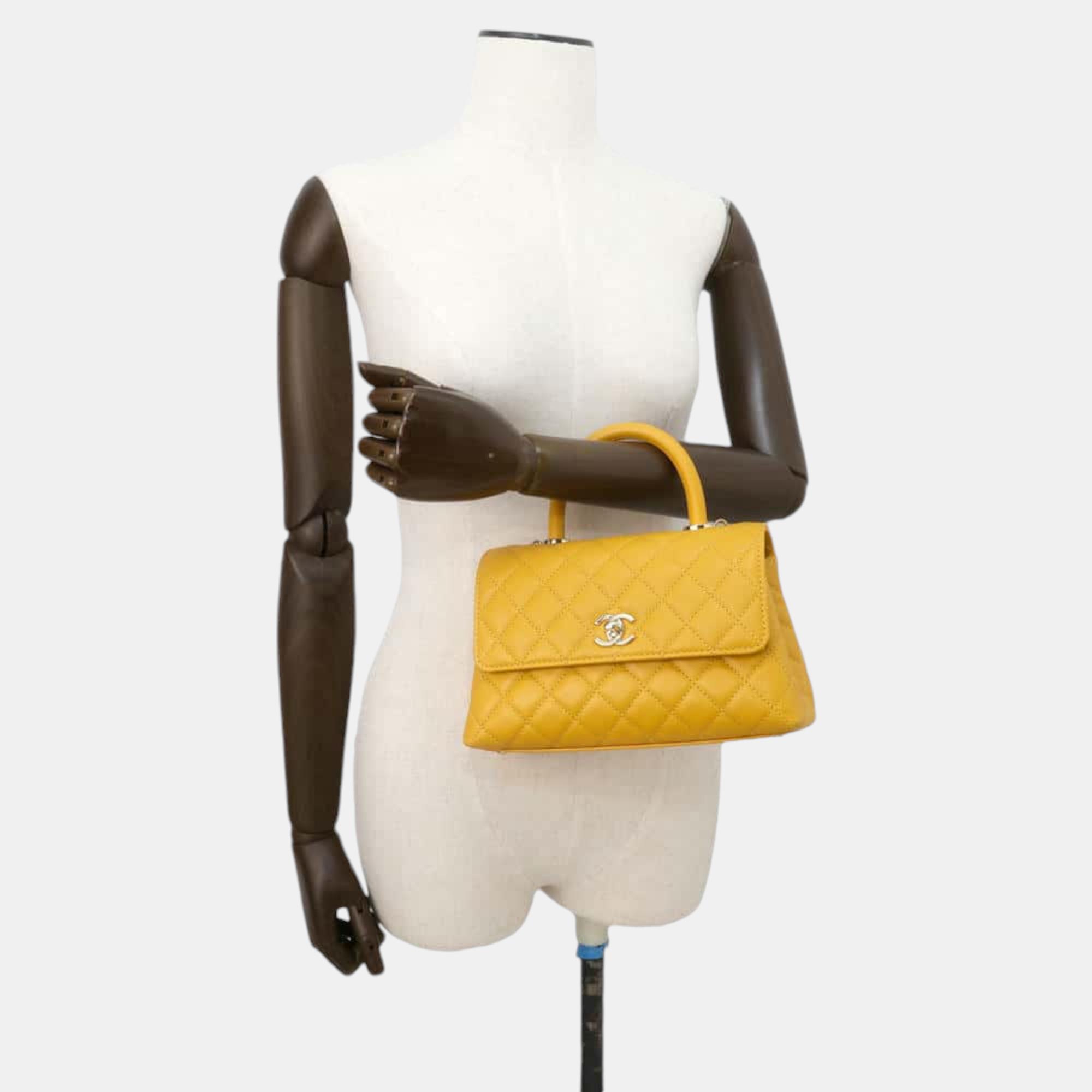 Chanel Matelasse Coco Handle Chain Shoulder Yellow Caviar Leather Size XS