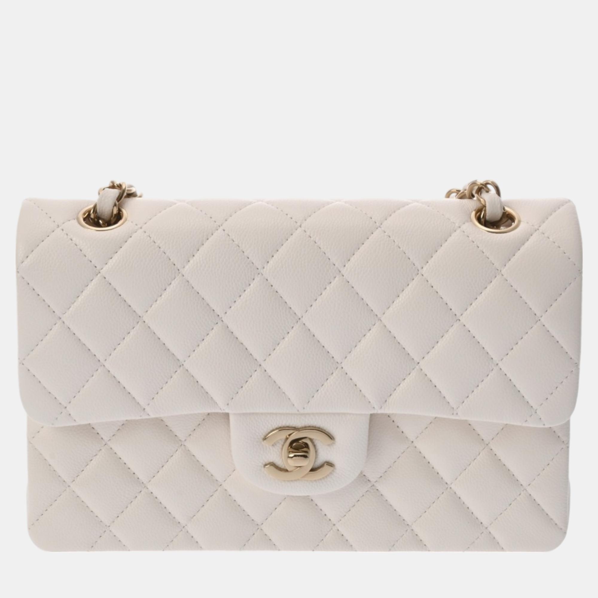 Chanel White Caviar Skin Matelasse Chain Shoulder 23cm Double Flap Bag