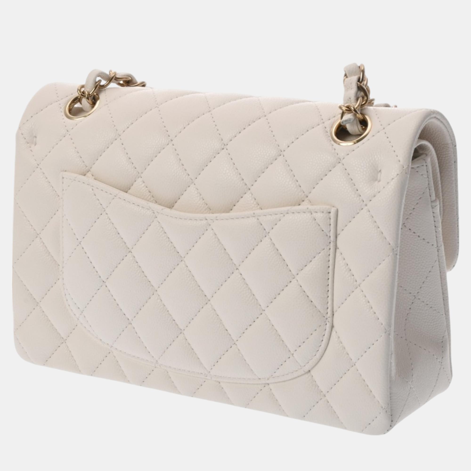 Chanel White Caviar Skin Matelasse Chain Shoulder 23cm Double Flap Bag