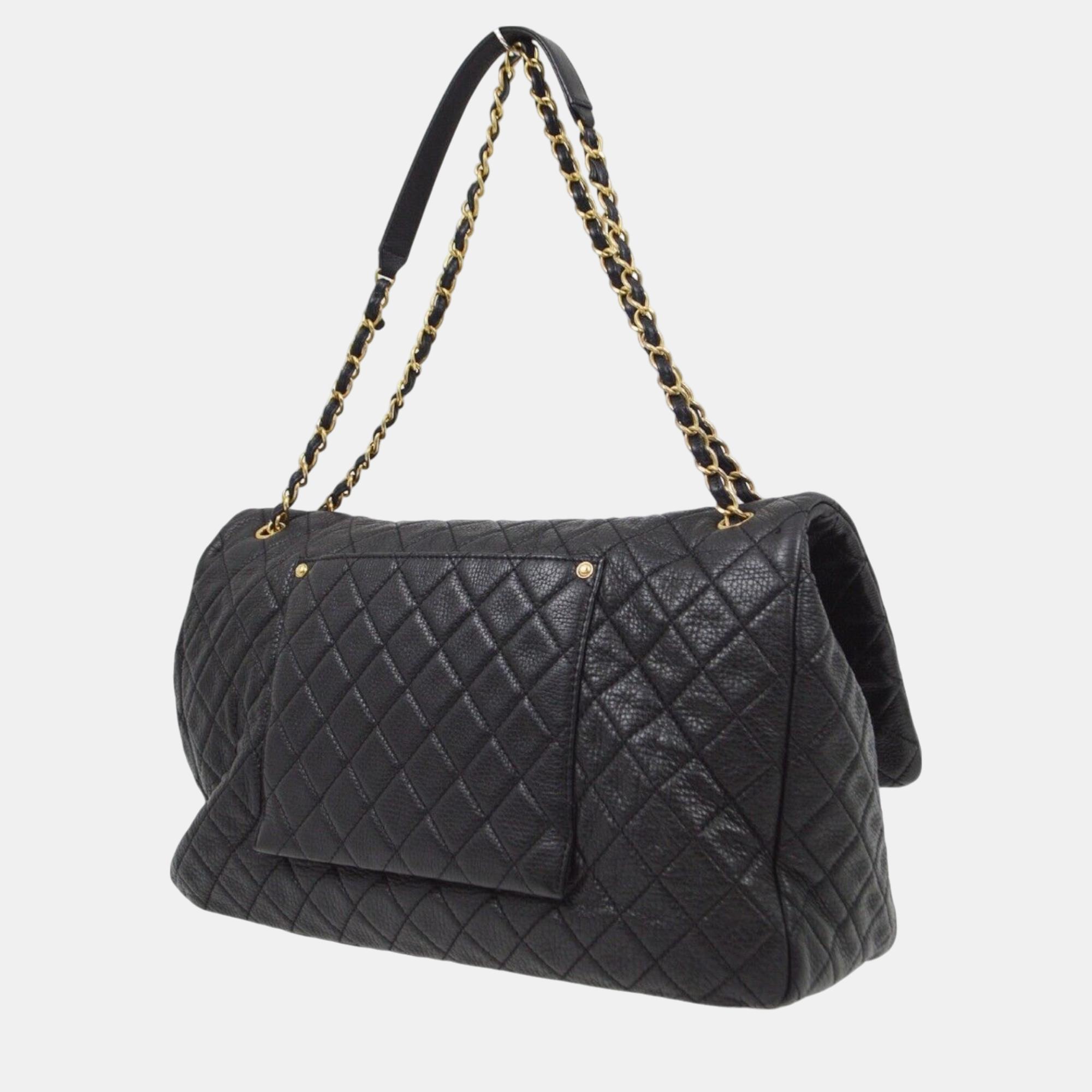 Chanel Black Calfskin Double Chain Flap Shoulder Bag