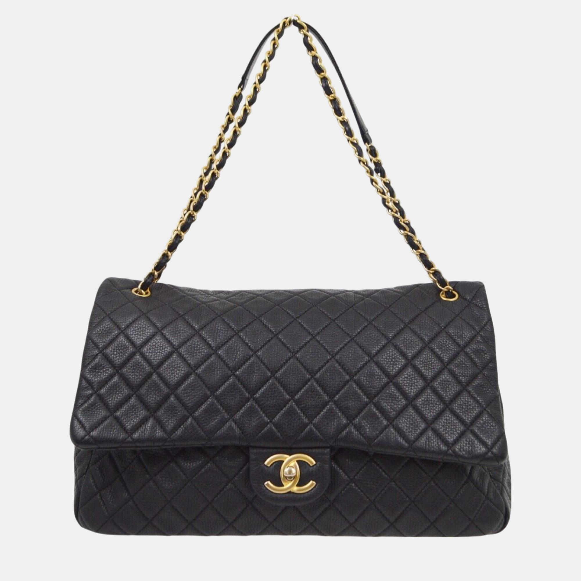 Chanel Black Calfskin Double Chain Flap Shoulder Bag