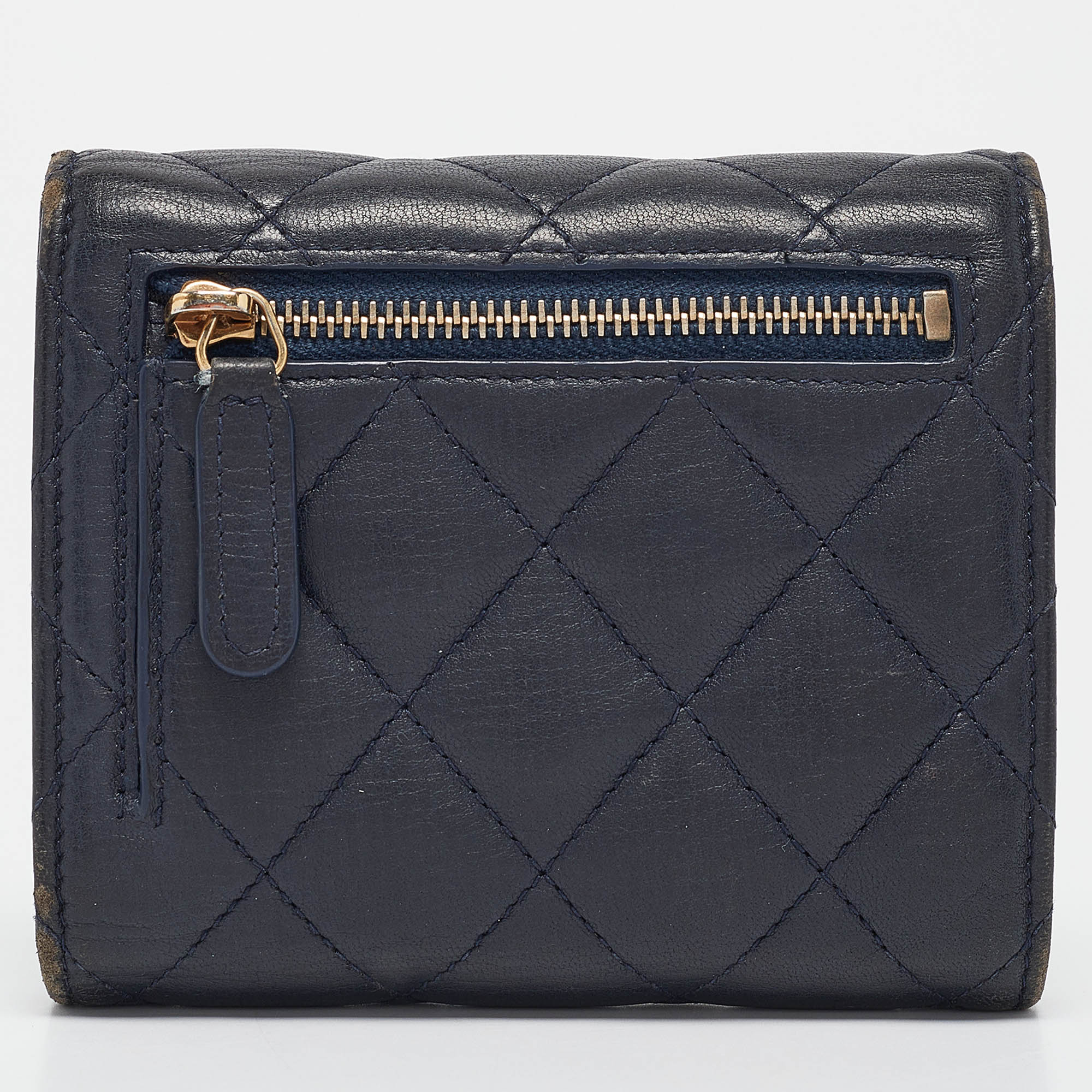 Chanel Navy Blue Quilted Leather CC Trifold Wallet