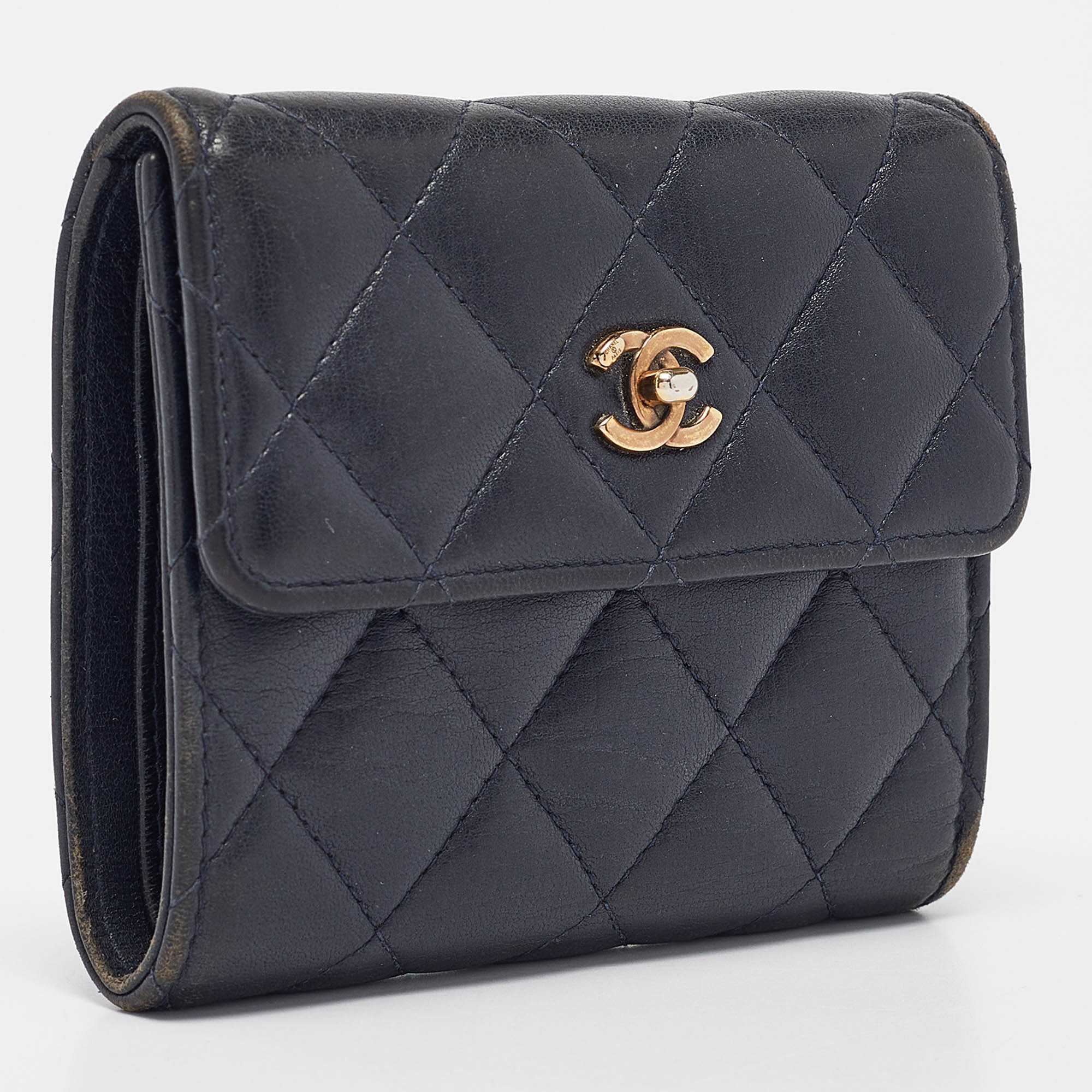 Chanel Navy Blue Quilted Leather CC Trifold Wallet