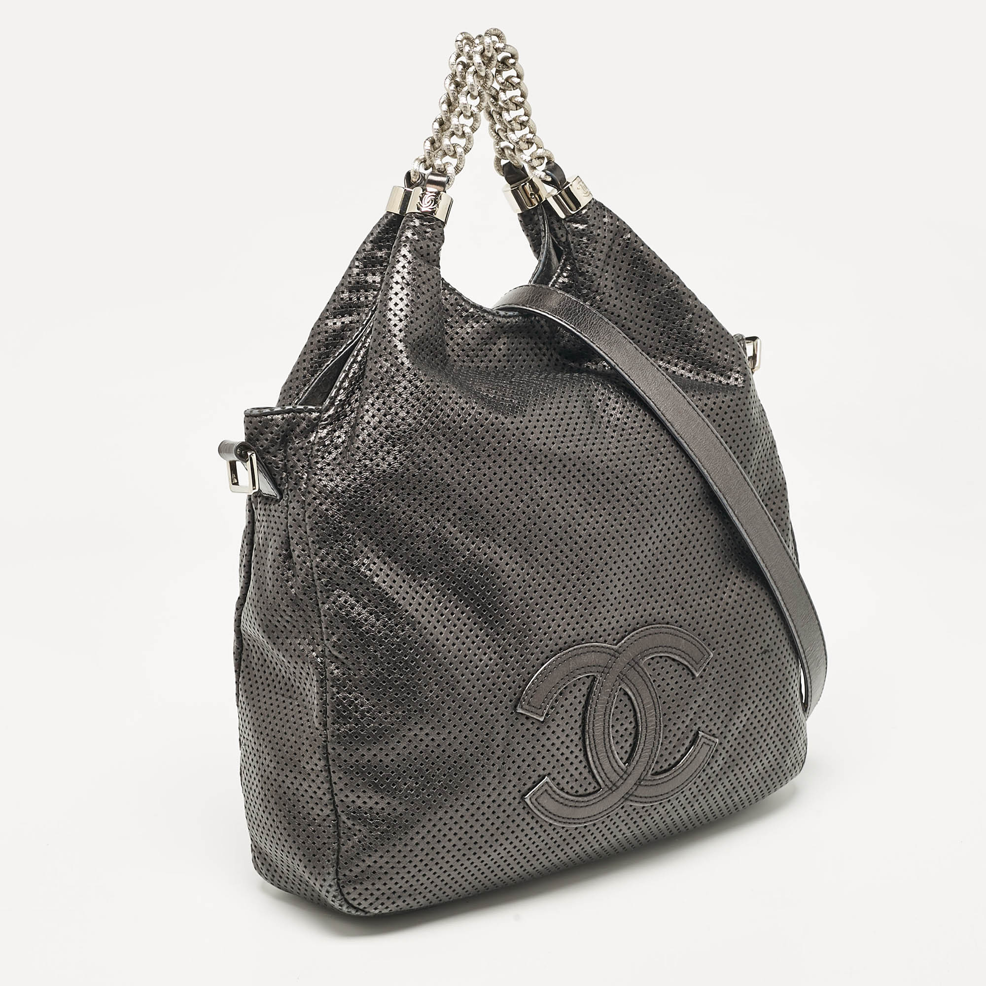 Chanel Metallic Grey Leather Perforated Rodeo Drive Hobo