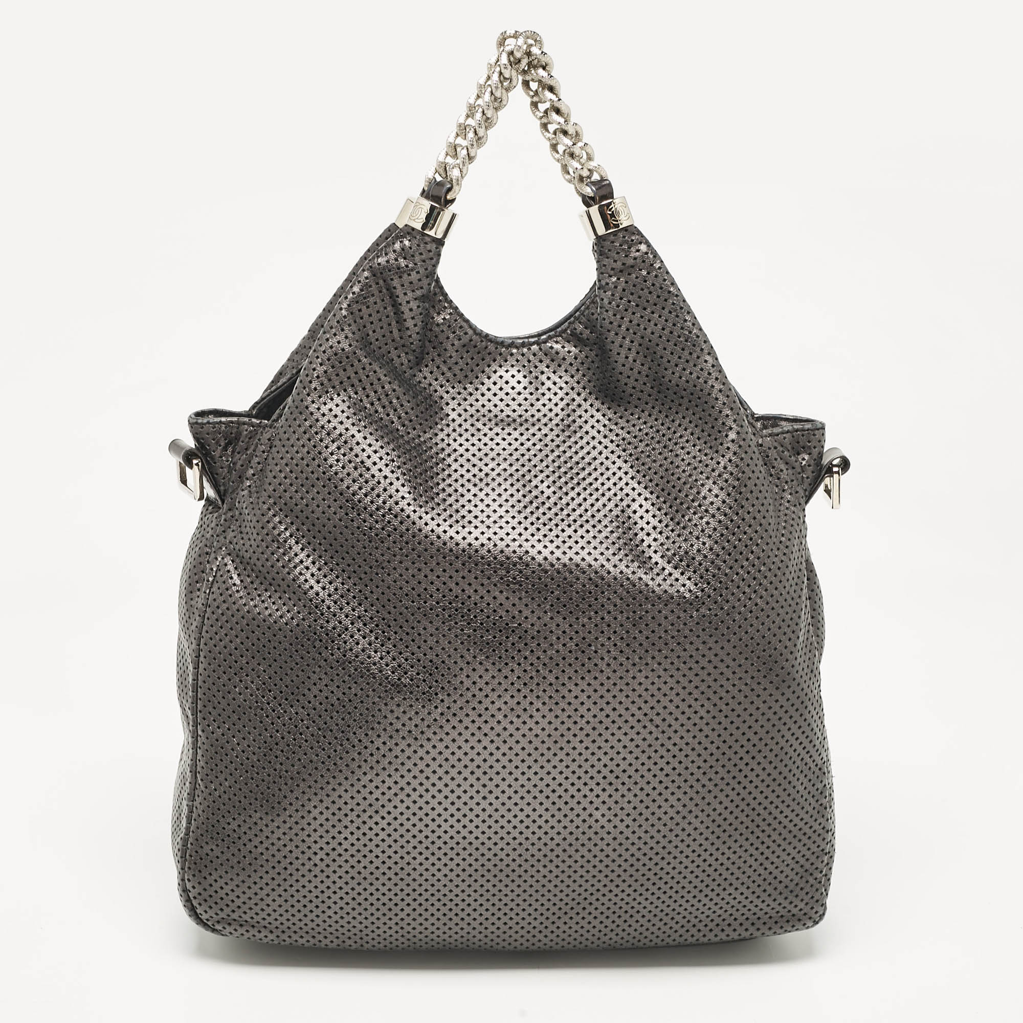 Chanel Metallic Grey Leather Perforated Rodeo Drive Hobo