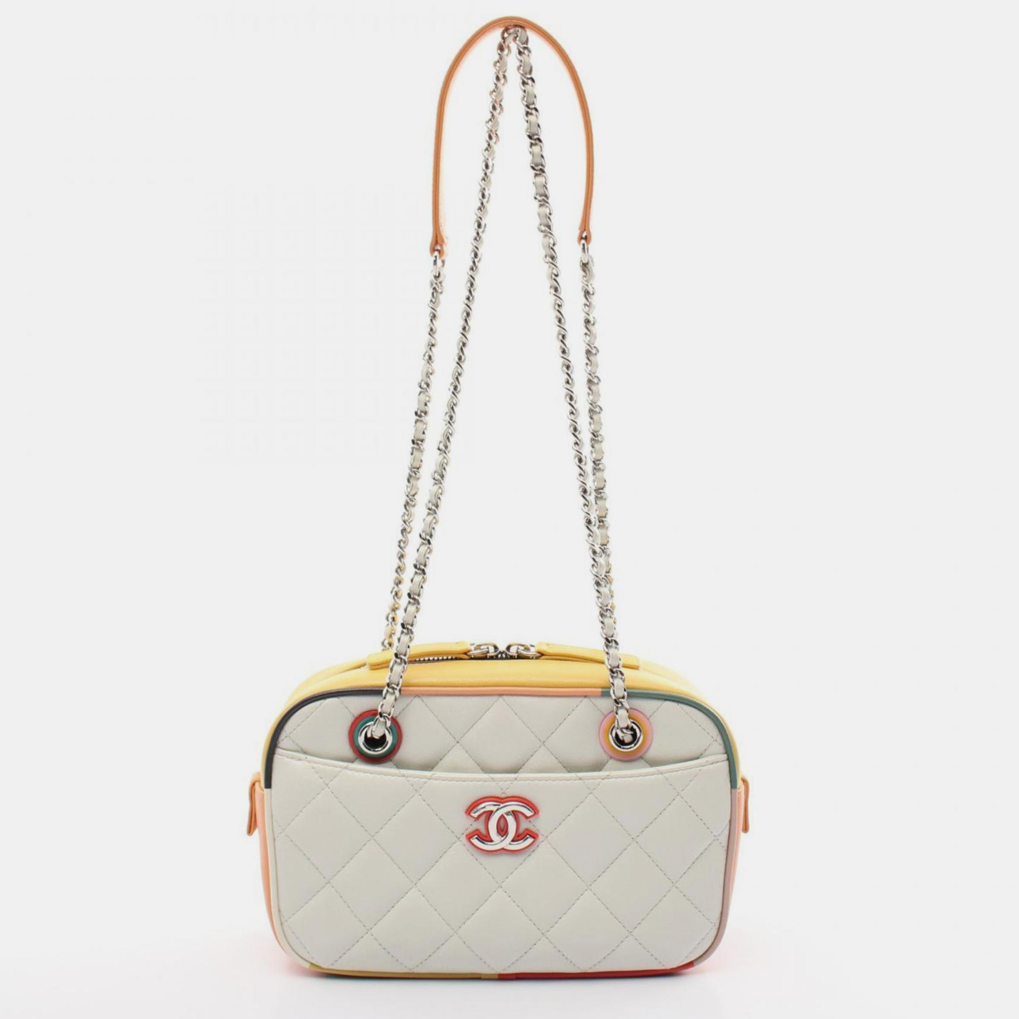 Chanel White Yellow Multicolor Leather Matelasse Camera Bag