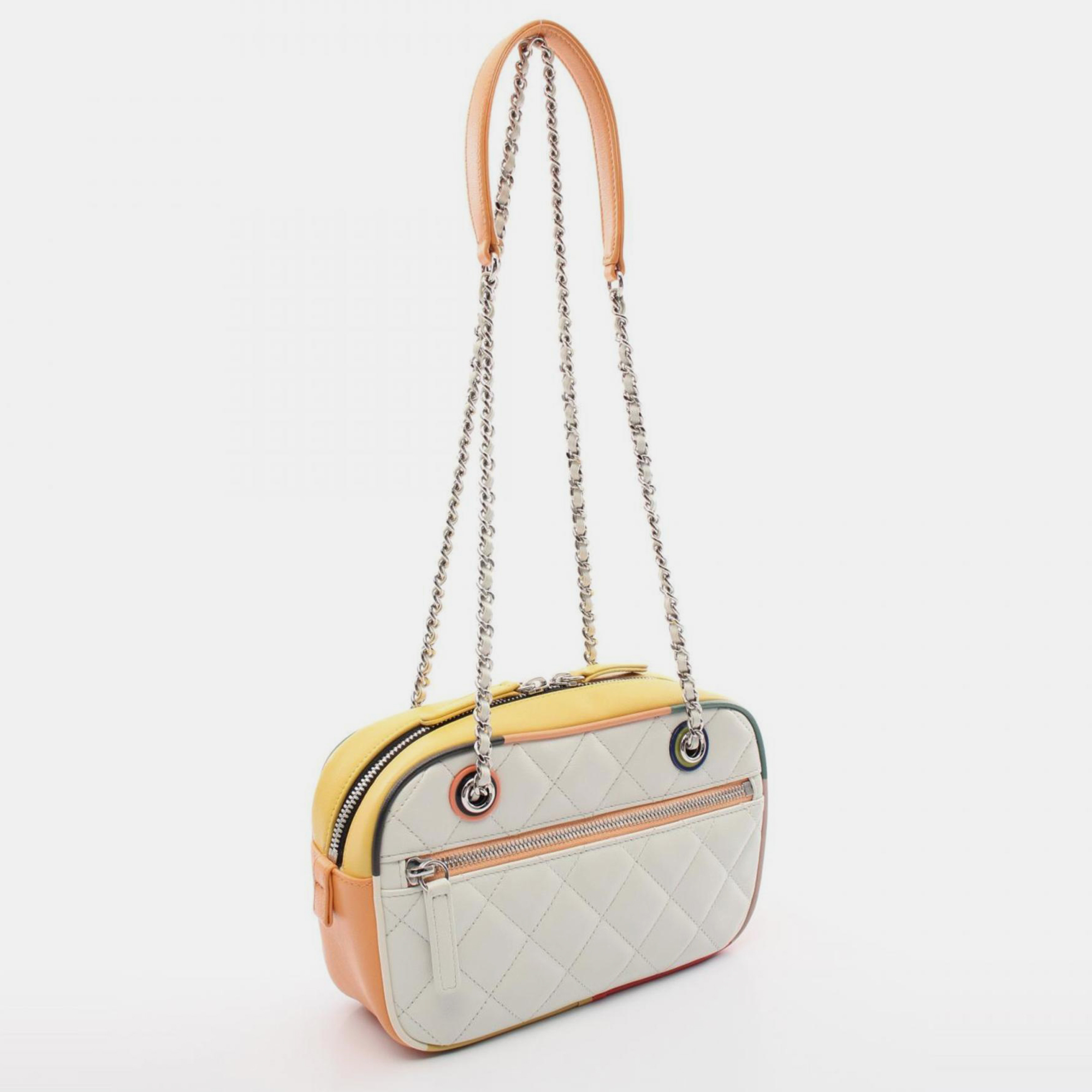 Chanel White Yellow Multicolor Leather Matelasse Camera Bag