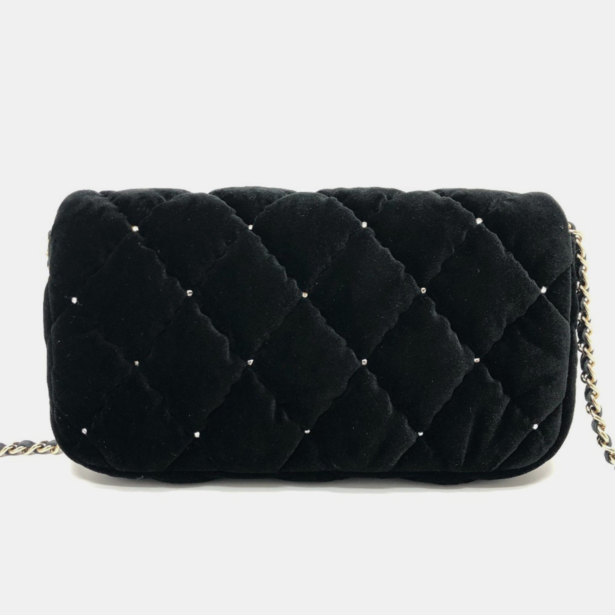 Chanel Black Velour Matelasse Rhinestone Chain Shoulder Bag