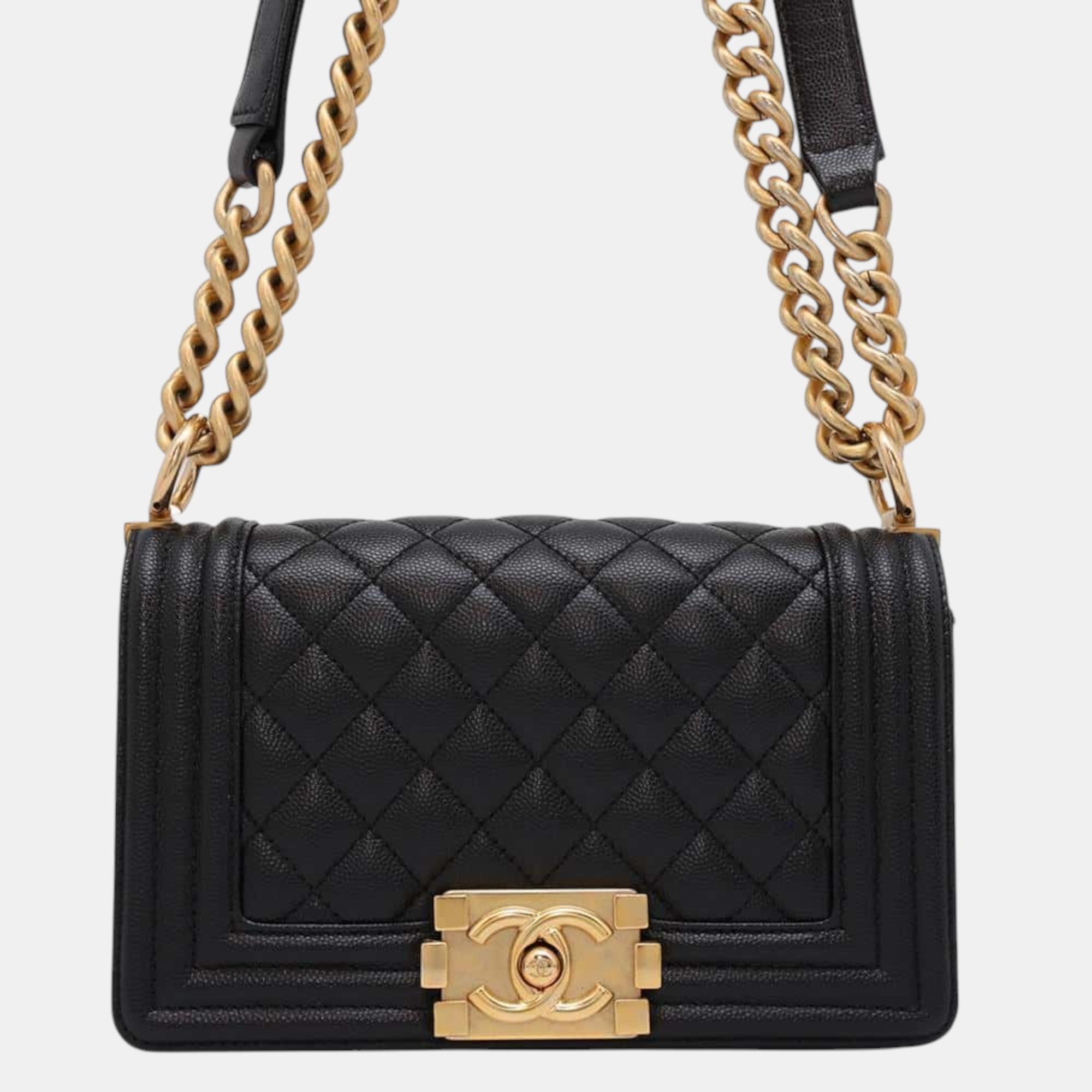 Chanel Black Caviar Leather Boy Chanel Chain Shoulder Bag Size Small