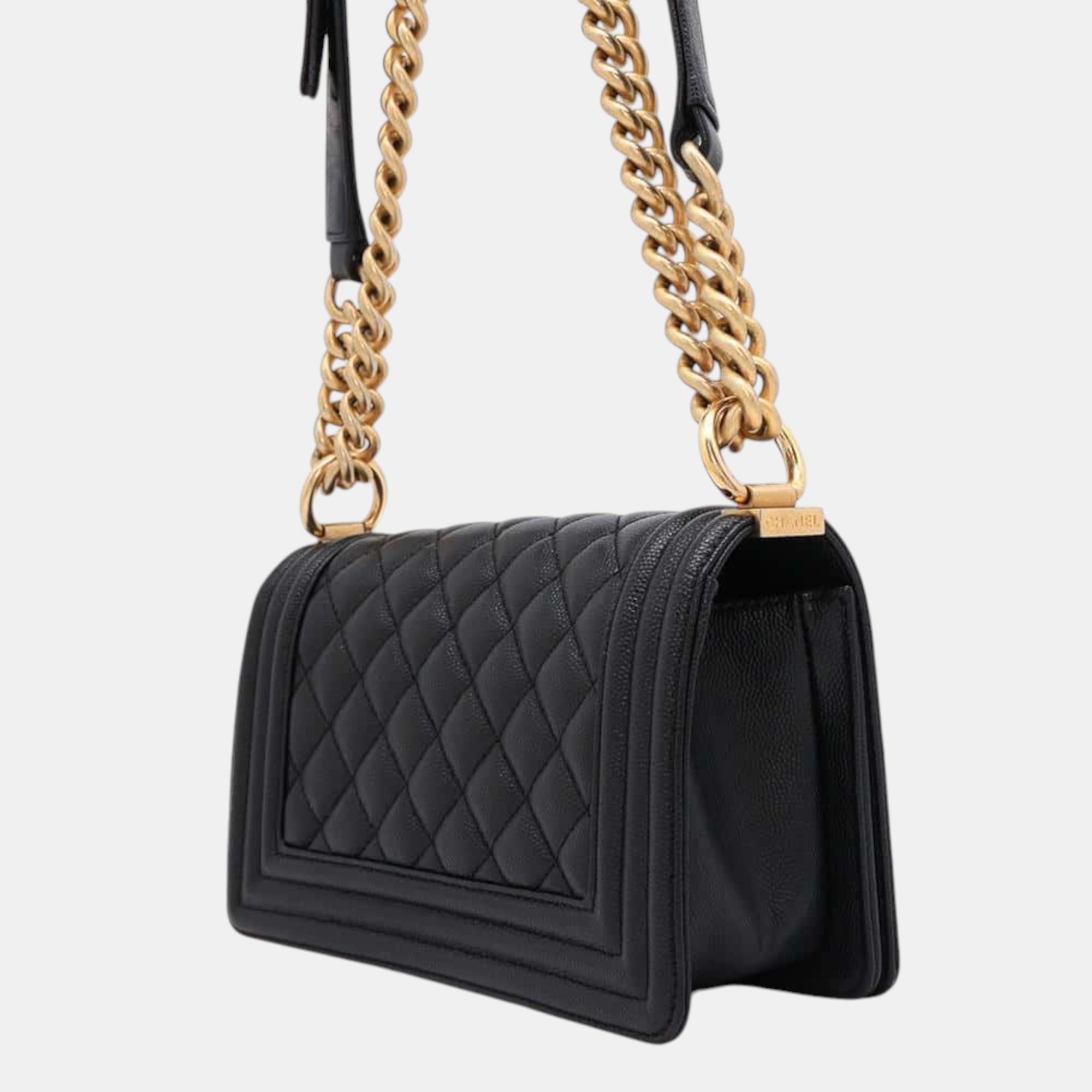 Chanel Black Caviar Leather Boy Chanel Chain Shoulder Bag Size Small