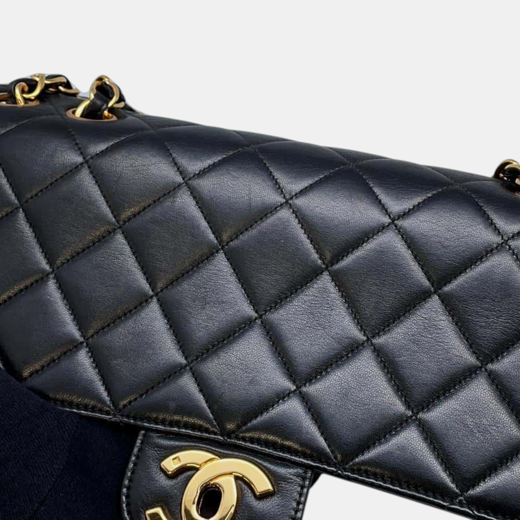 Chanel Black Lambskin Matelasse Single Flap Chain Shoulder Bag Size 30