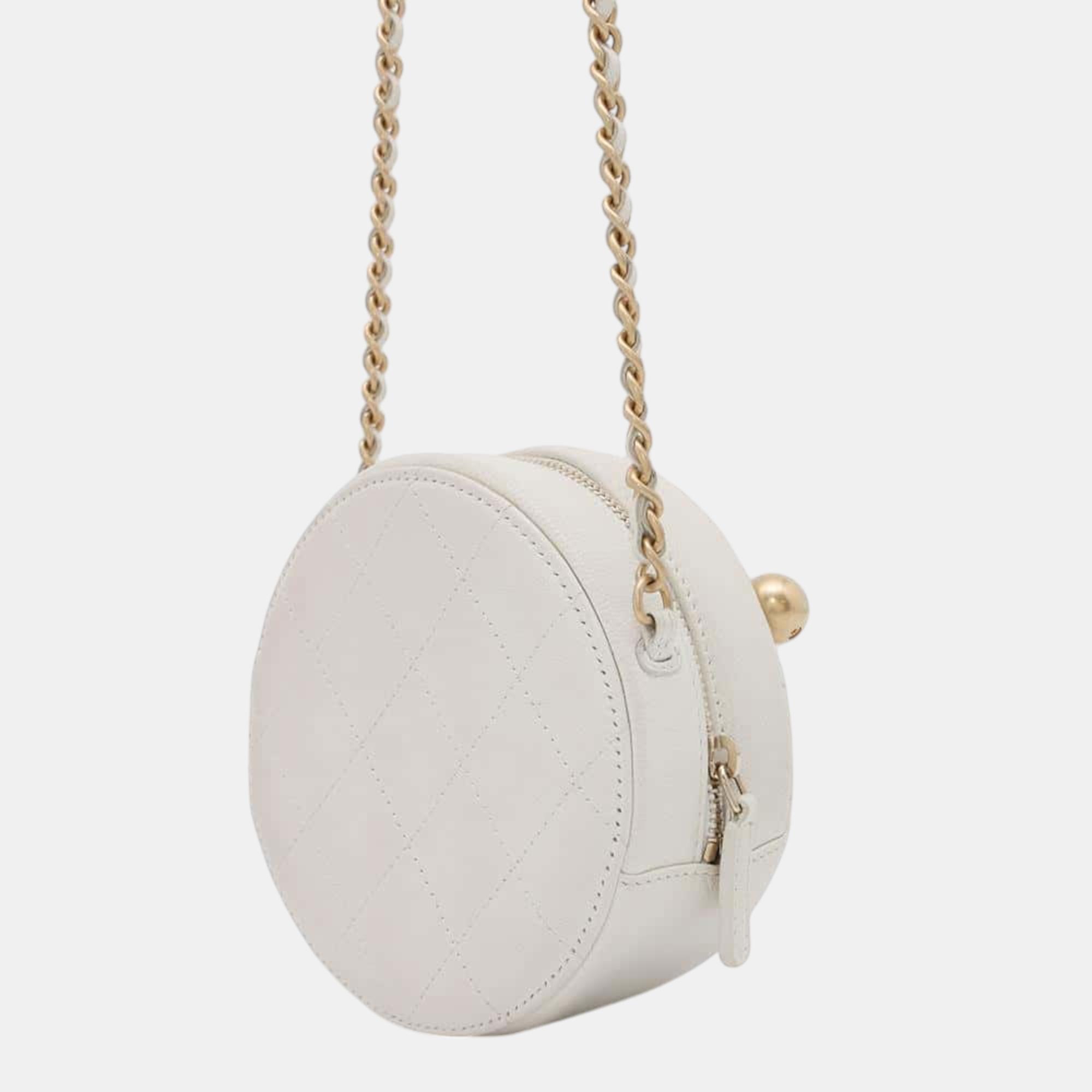 Chanel White Lambskin Matelasse Round Chain Shoulder Bag