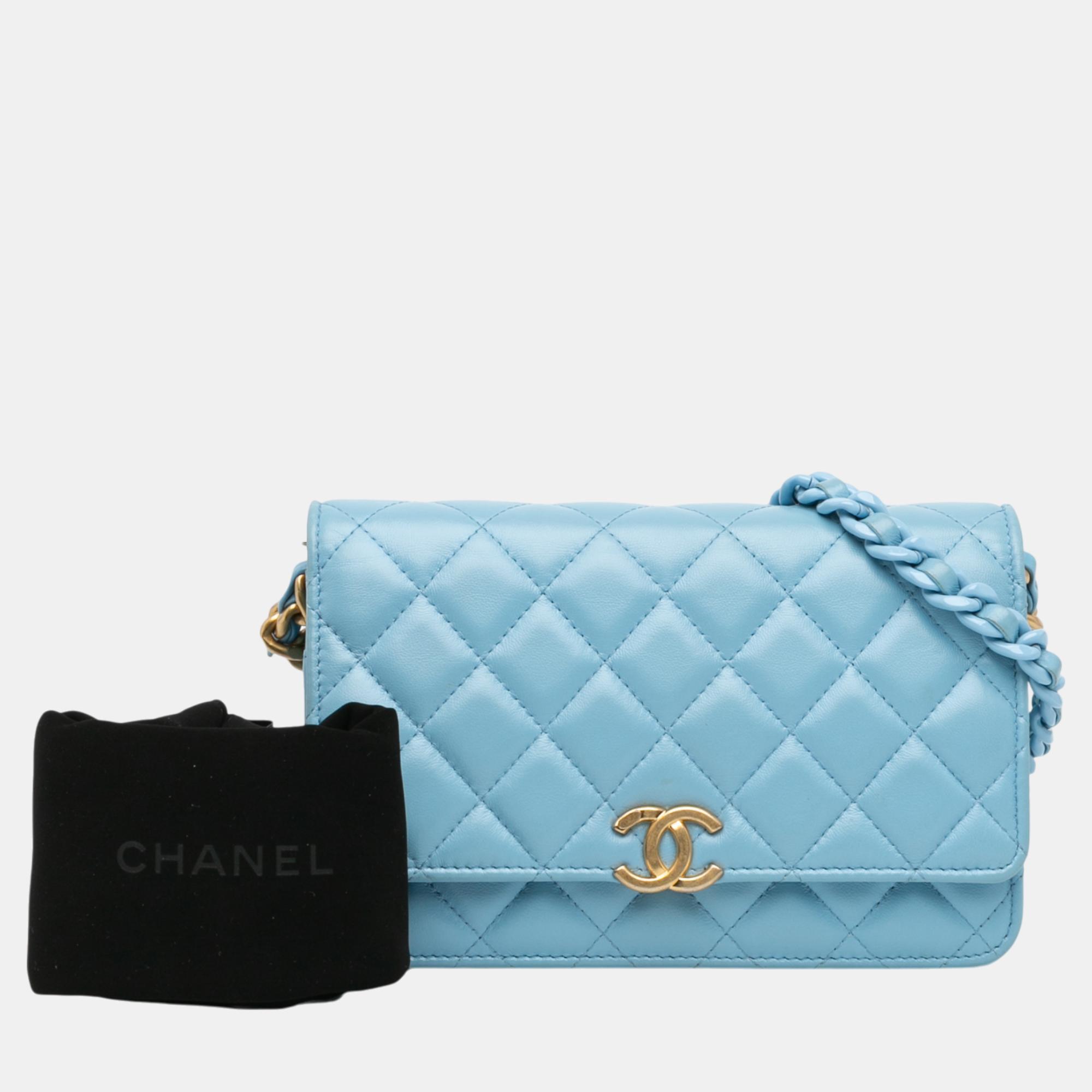 Chanel Blue Quilted Lambskin Candy Chain Wallet On Chain