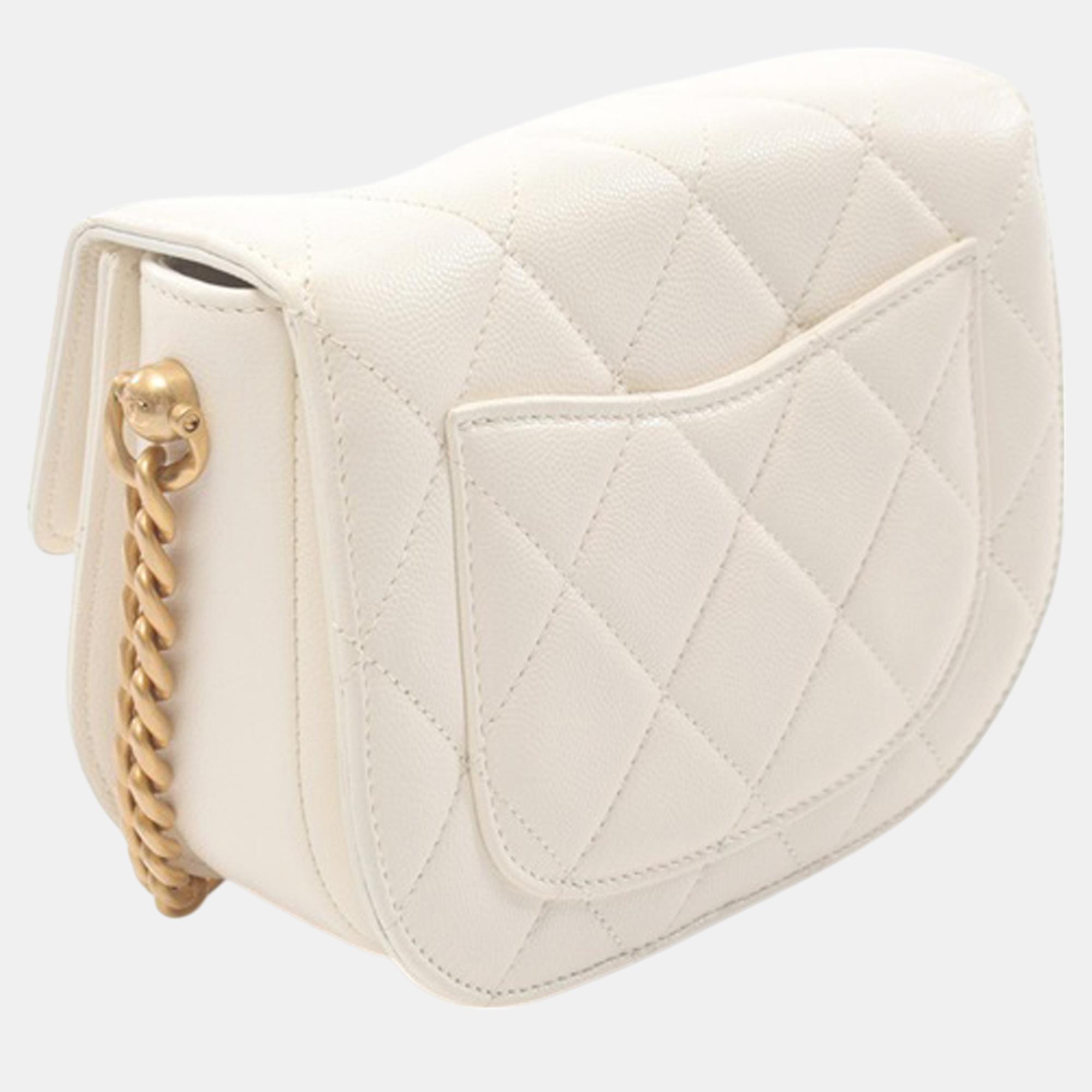 Chanel White Mini CC Quilted Caviar Round Moon Messenger Flap