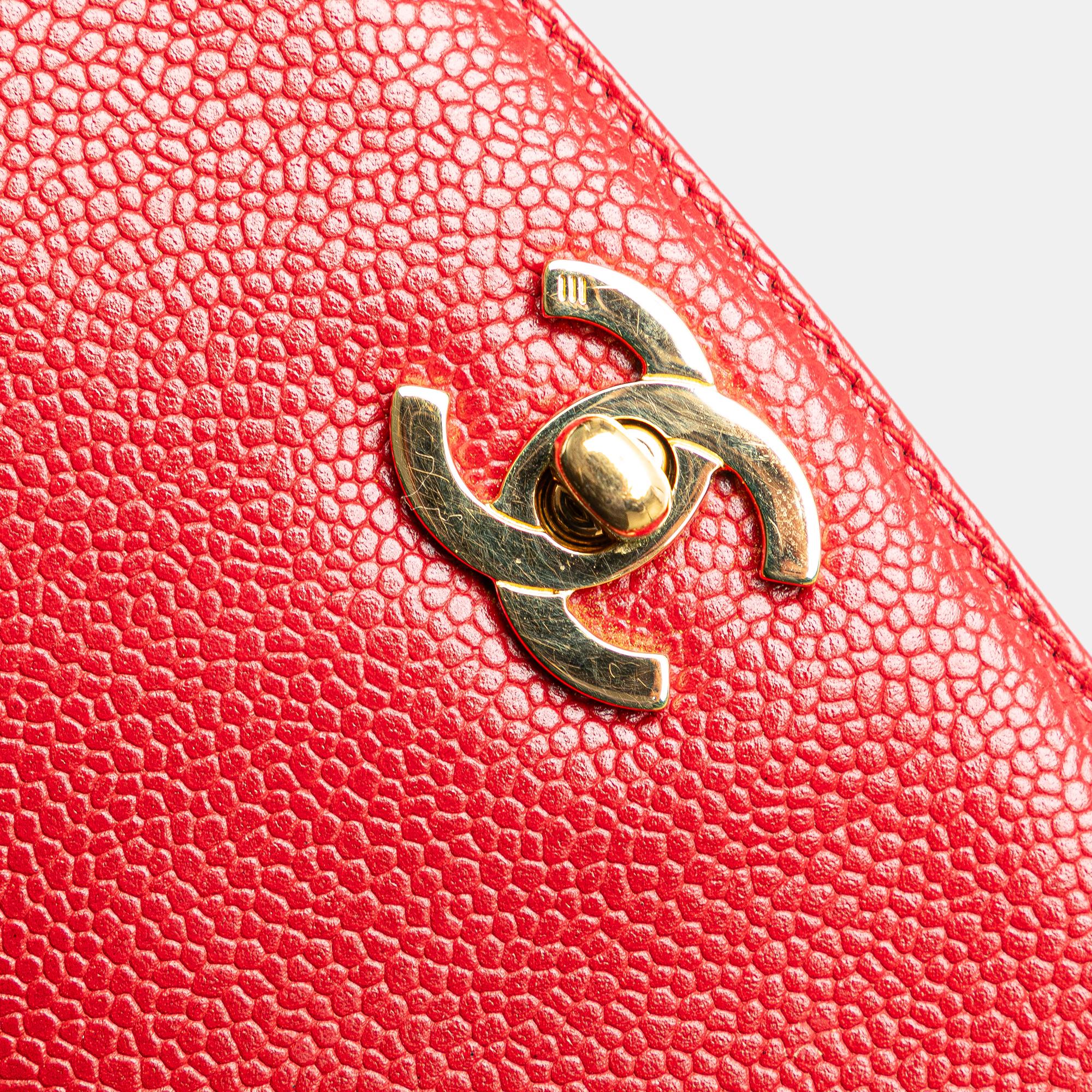 Chanel Red CC Caviar Turn Lock Chain Tote