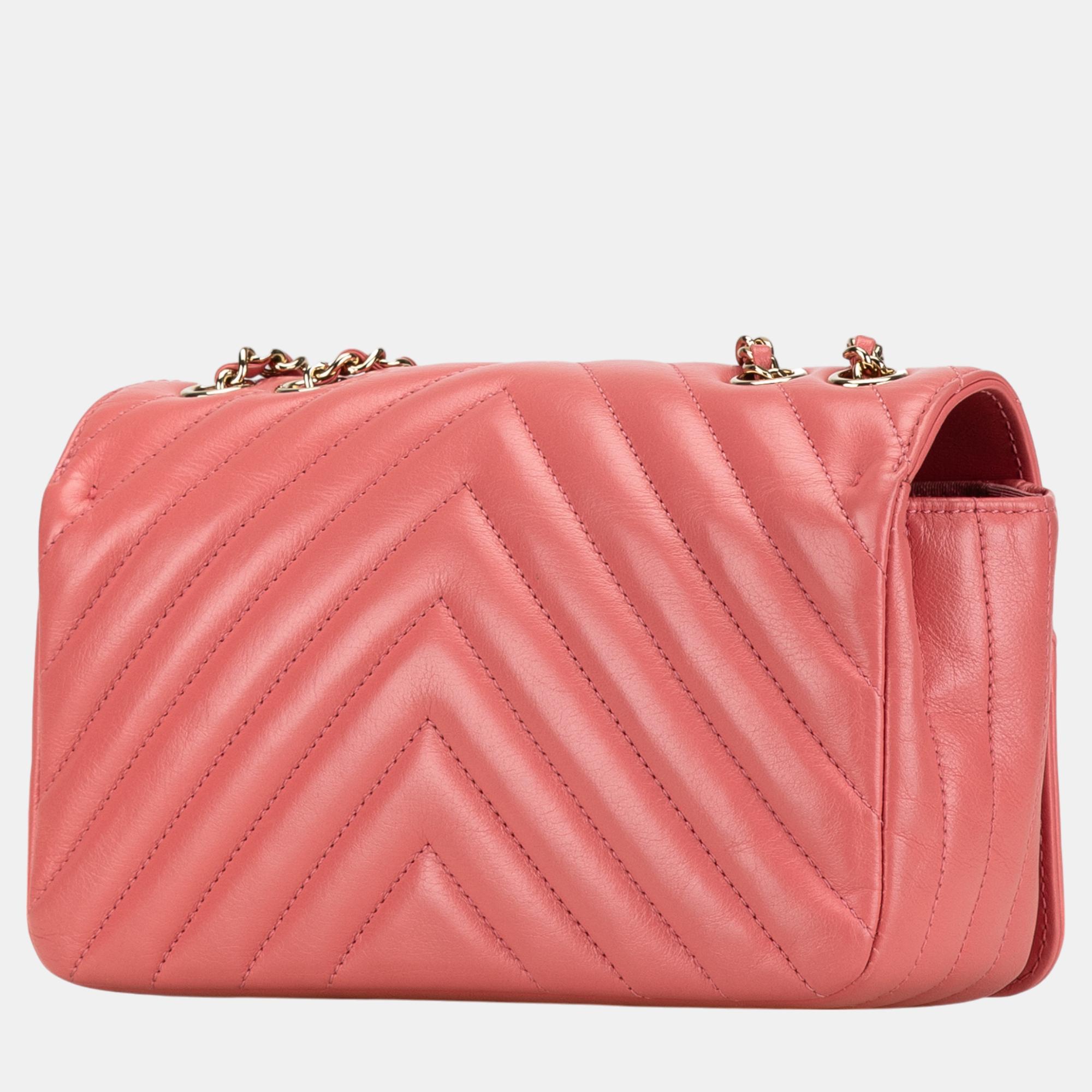 Chanel Pink Mini Chevron Calfskin Statement Flap